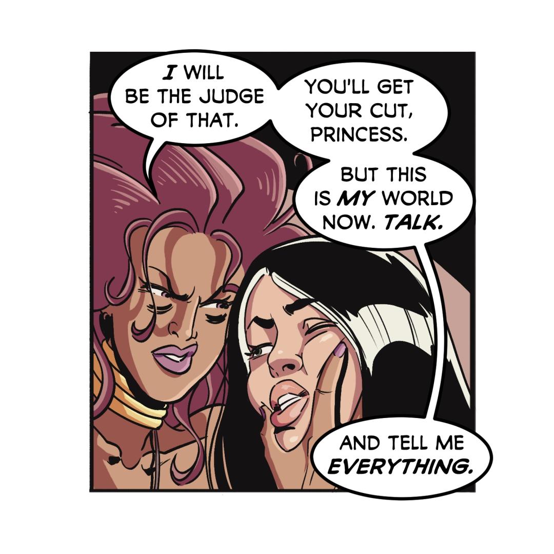Interracial girl on girl erotica comic featuring Carlotta and a curvy mixed woman with purple hair and tattoos