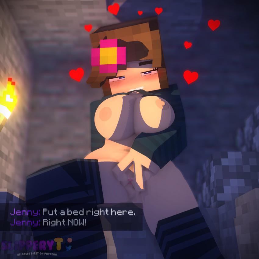 Minecraft fan art of busty characters in lewd poses with hentai captions
