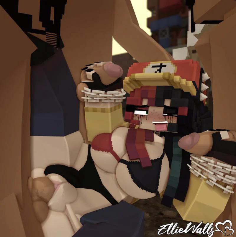 Minecraft fan art of busty characters in lewd poses with hentai captions