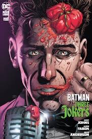 Batman DC comics art comparing two versions of the Joker, one in a suit and hat, another with a tomato on his head.