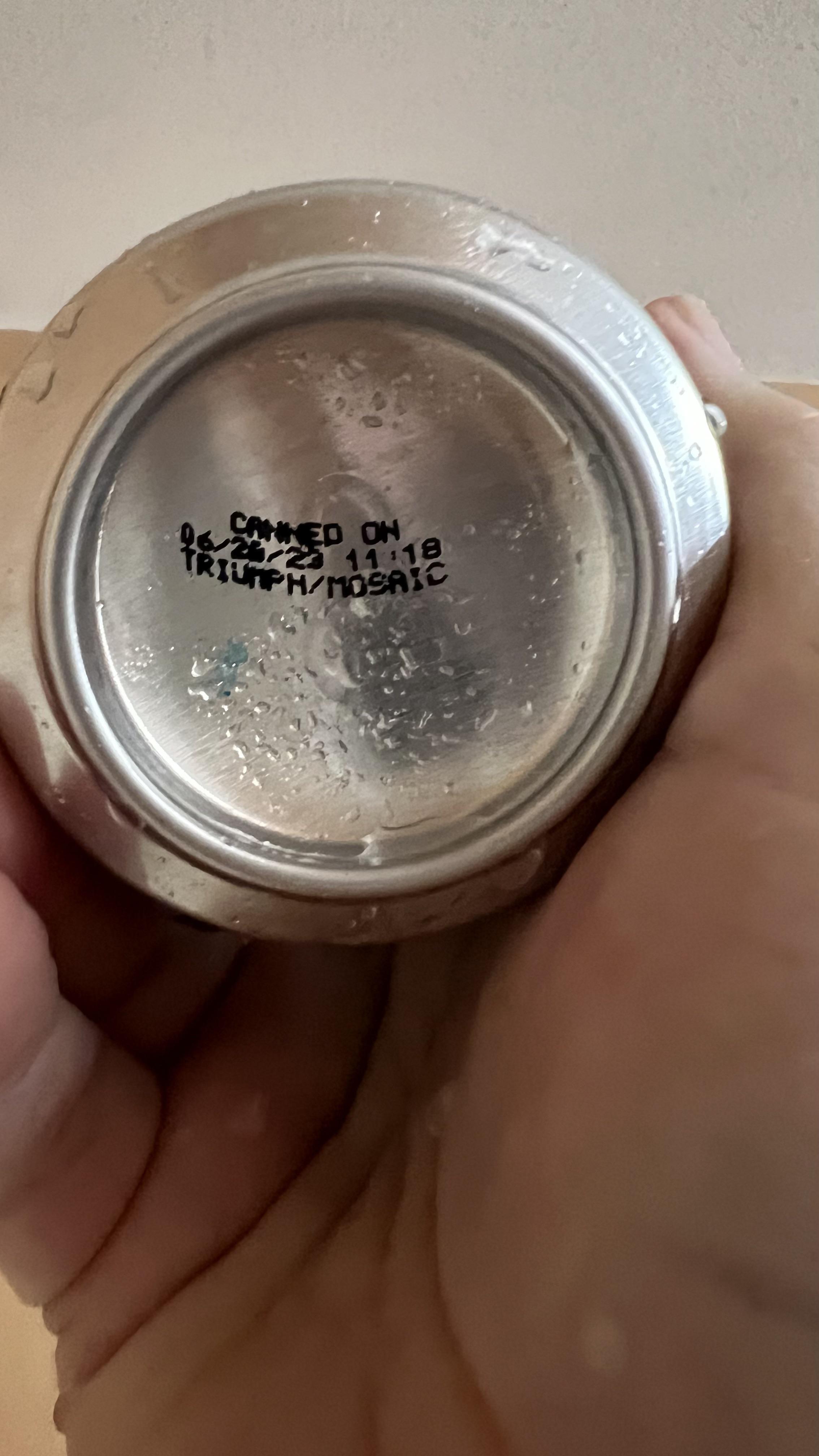 Shirtless man with a beard and arm tattoo holding a Lights Please IPA beer can in a bathroom shower.