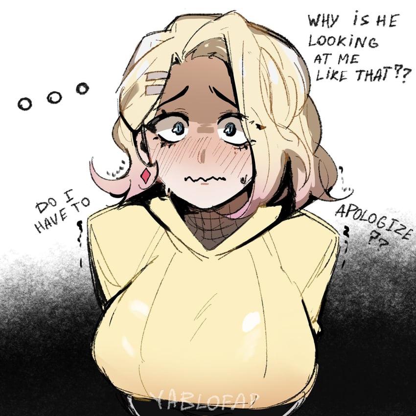 Muscular man and busty blonde woman in an ecchi anime comic, featuring big breasts and thick thighs.