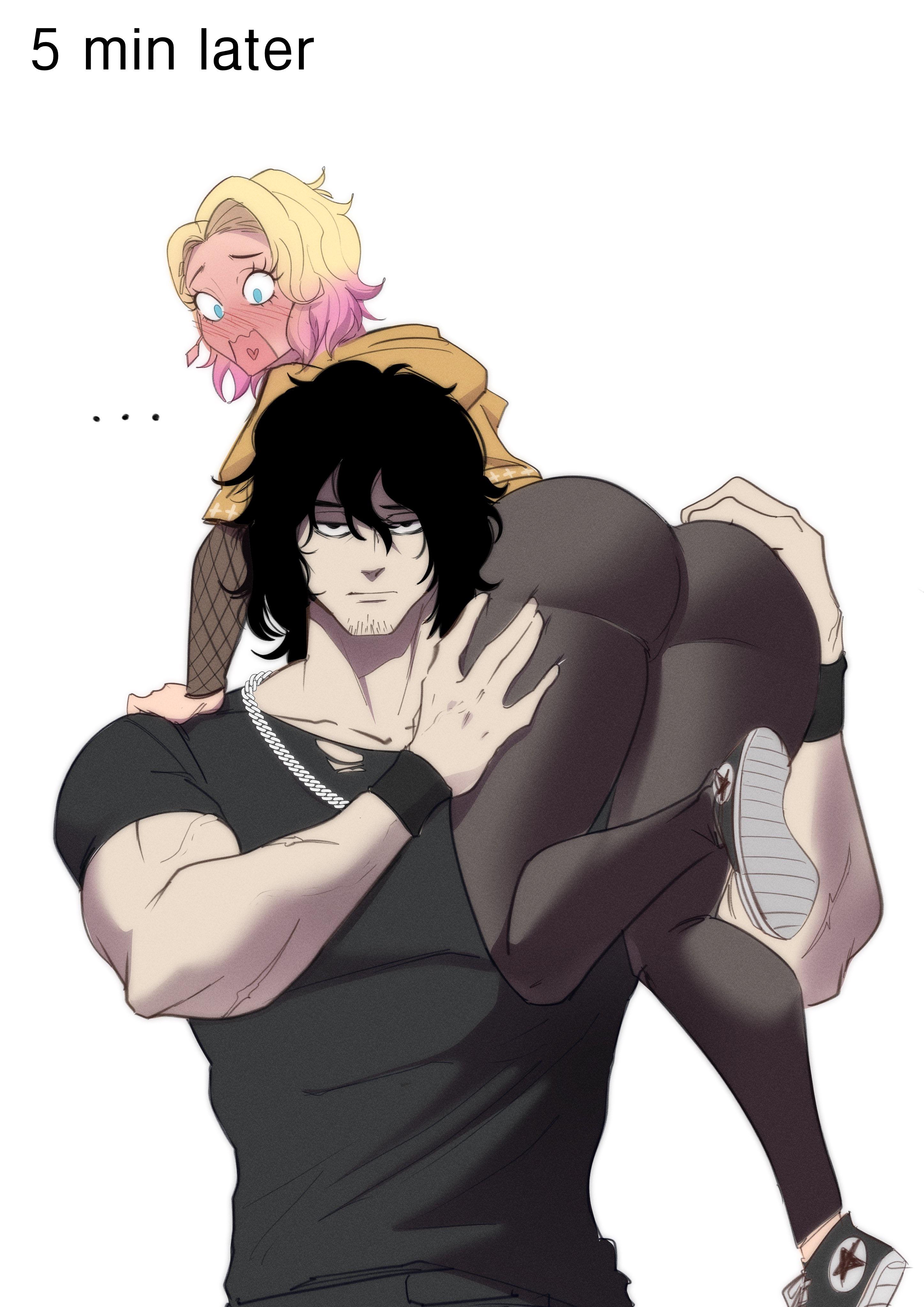 Muscular man and busty blonde woman in an ecchi anime comic, featuring big breasts and thick thighs.