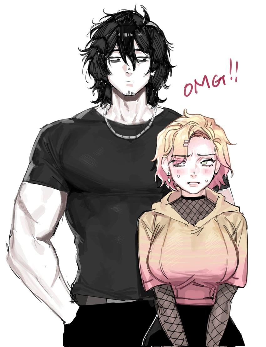 Muscular man and busty blonde woman in an ecchi anime comic, featuring big breasts and thick thighs.