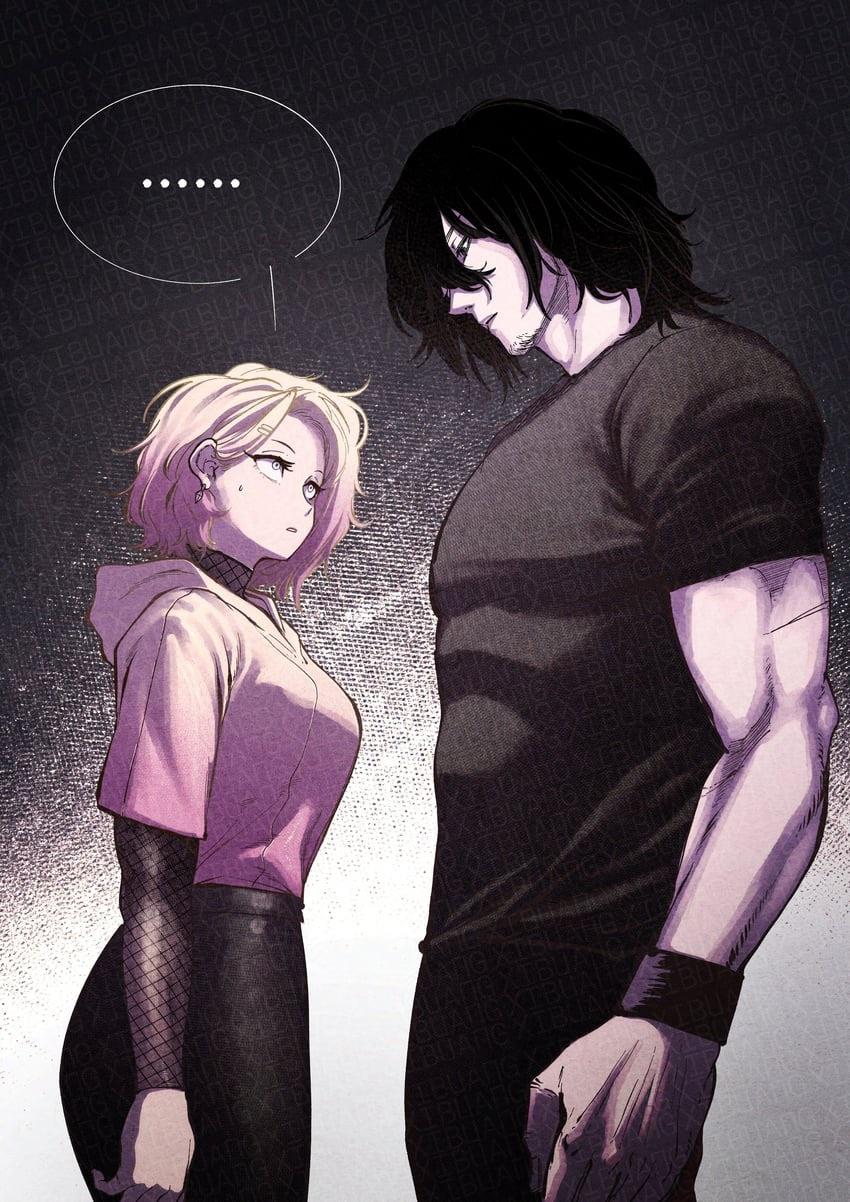 Muscular man and busty blonde woman in an ecchi anime comic, featuring big breasts and thick thighs.