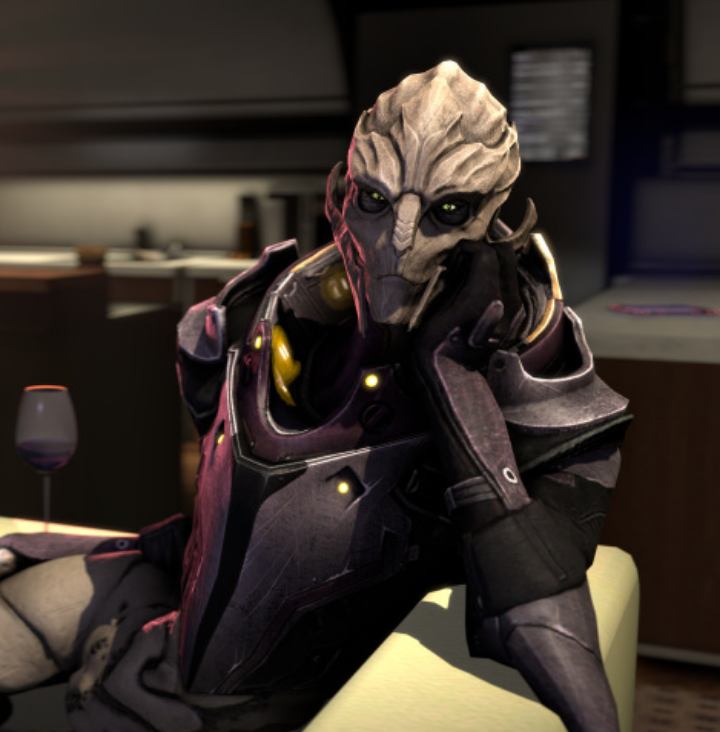 Mass Effect roleplay concept art of a muscular red Krogan and a slim purple Turian spy in futuristic armor