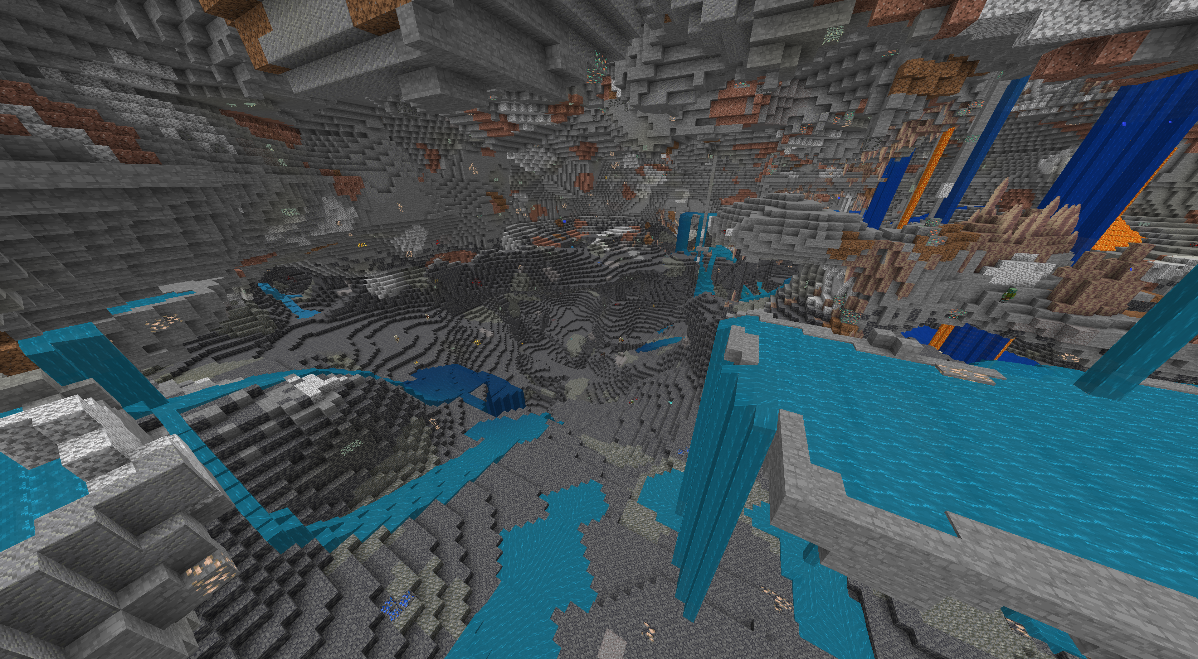 Minecraft landscape with underground caves, mountains, and waterfalls from seed 844424996132328