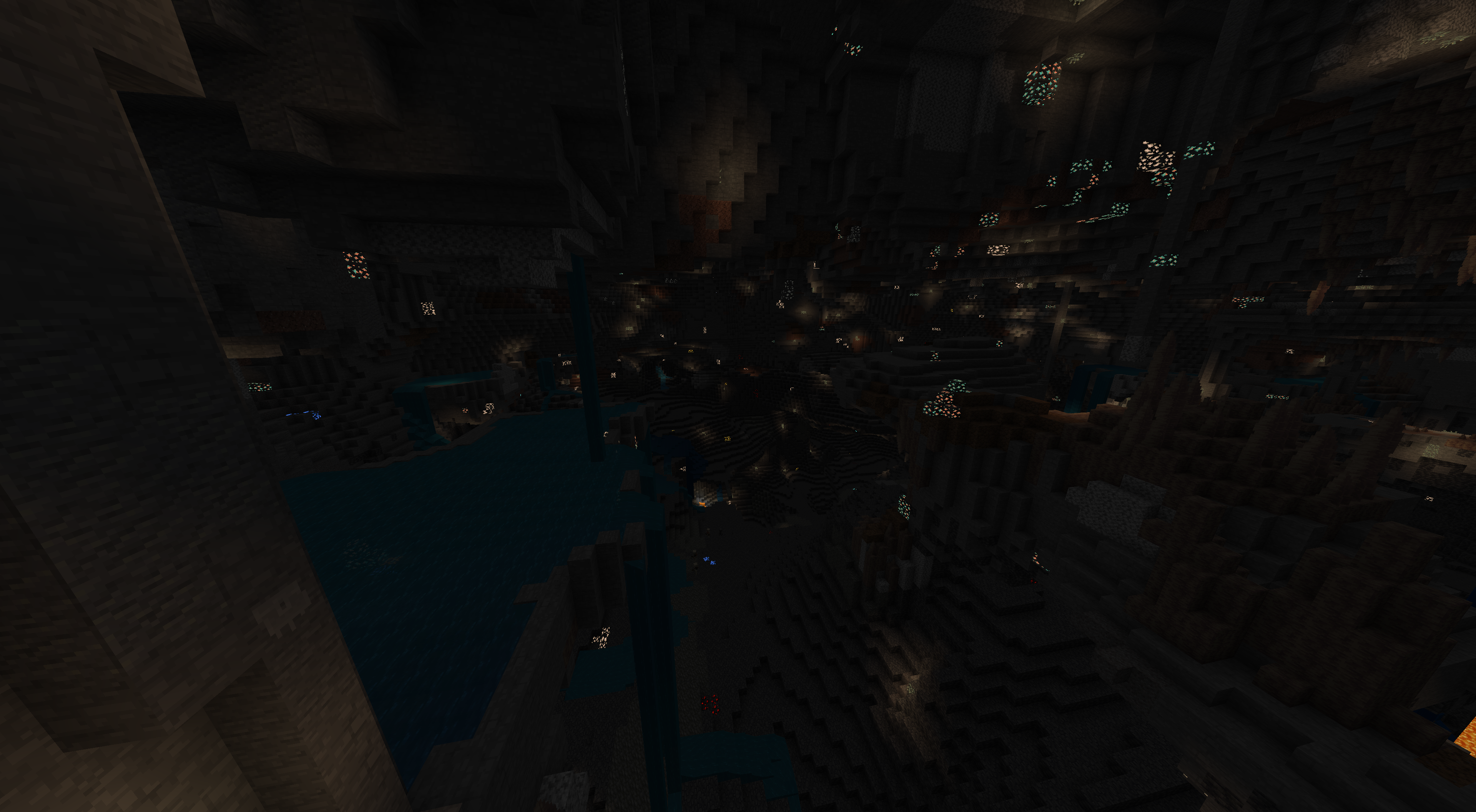 Minecraft landscape with underground caves, mountains, and waterfalls from seed 844424996132328