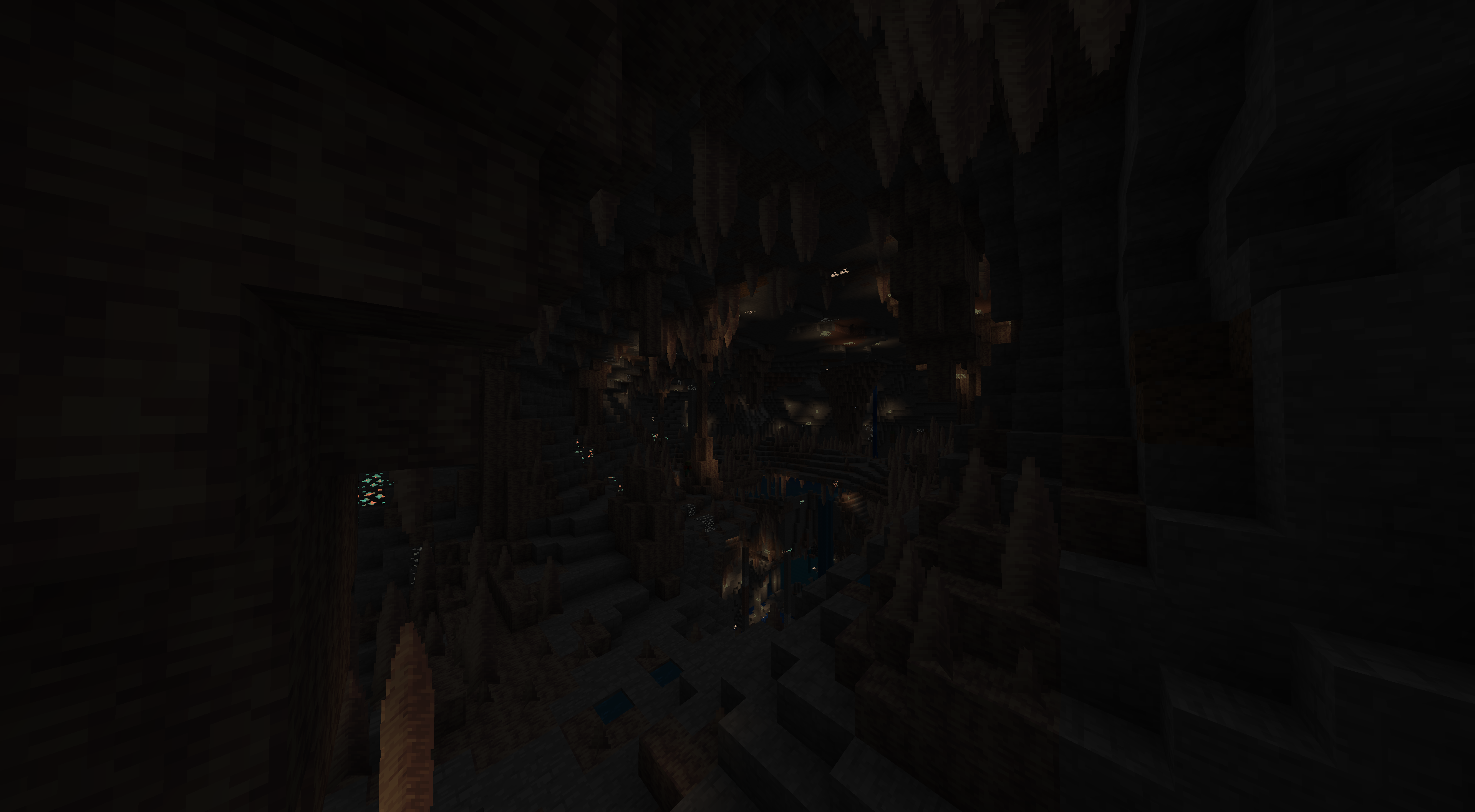 Minecraft landscape with underground caves, mountains, and waterfalls from seed 844424996132328