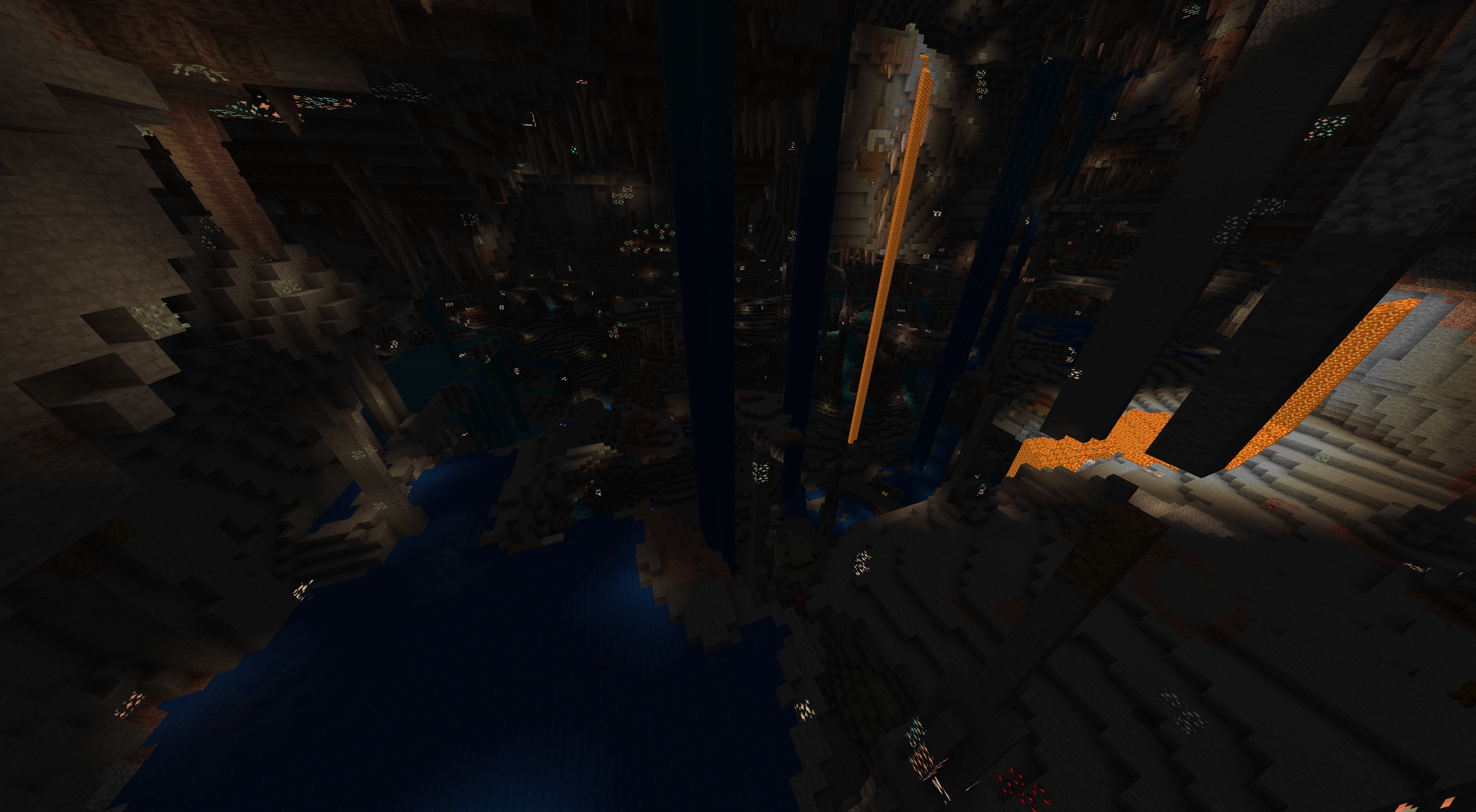 Minecraft landscape with underground caves, mountains, and waterfalls from seed 844424996132328