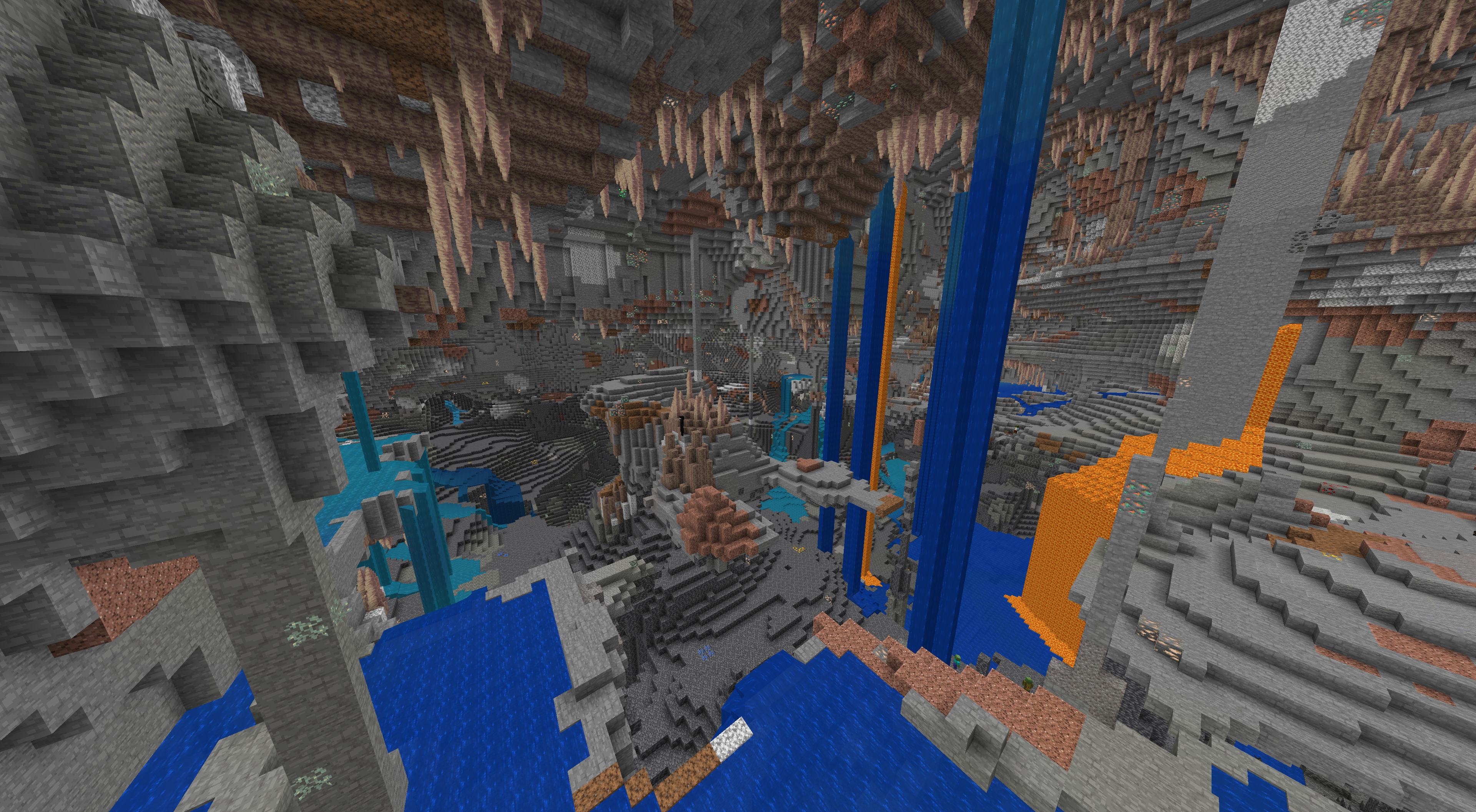 Minecraft landscape with underground caves, mountains, and waterfalls from seed 844424996132328