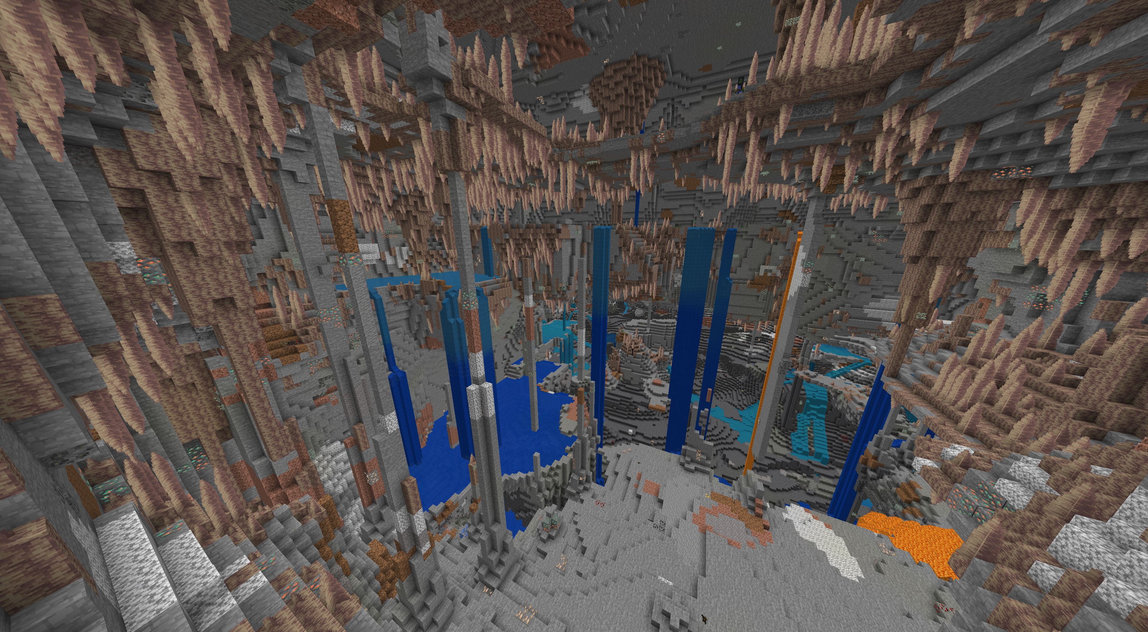 Minecraft landscape with underground caves, mountains, and waterfalls from seed 844424996132328