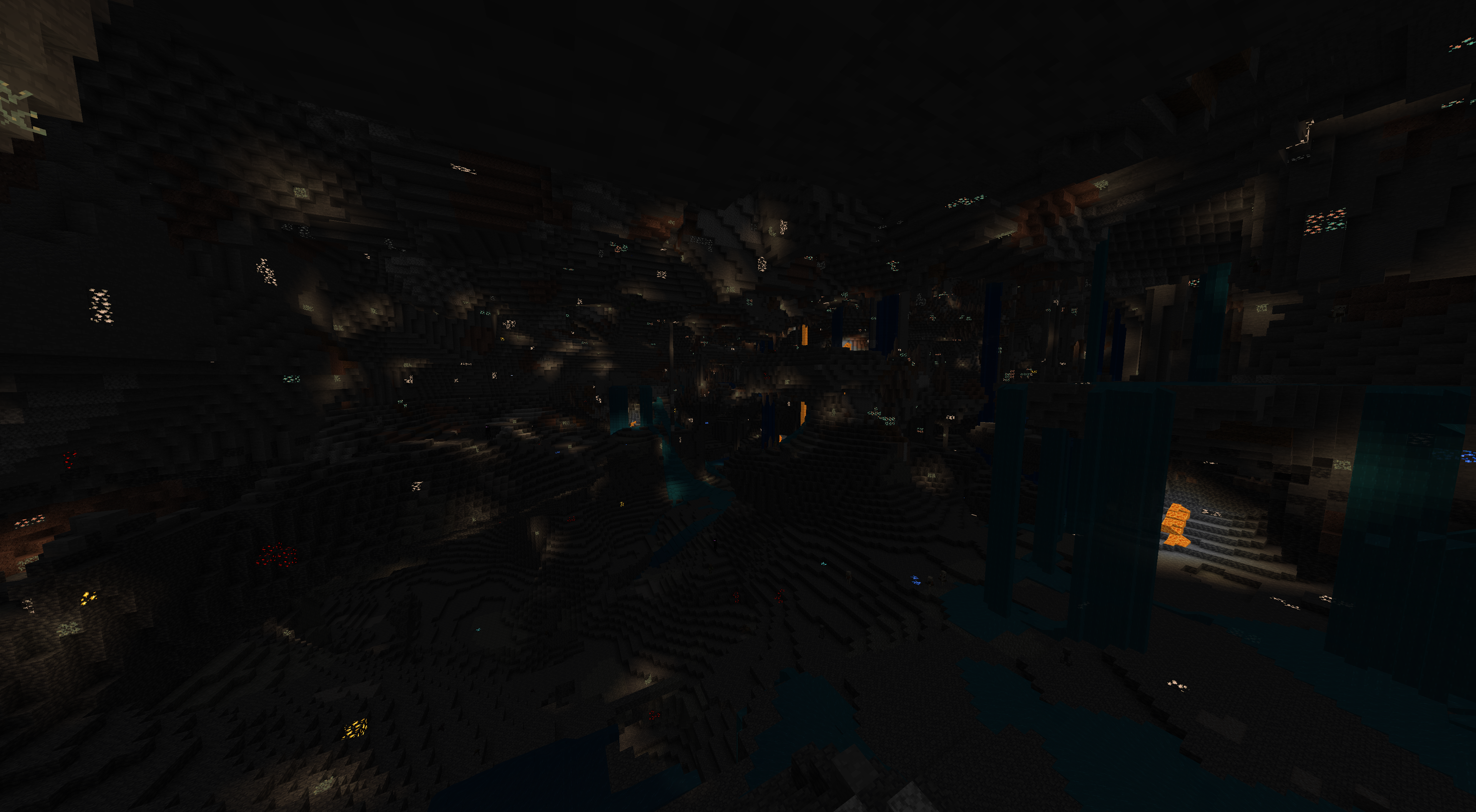 Minecraft landscape with underground caves, mountains, and waterfalls from seed 844424996132328