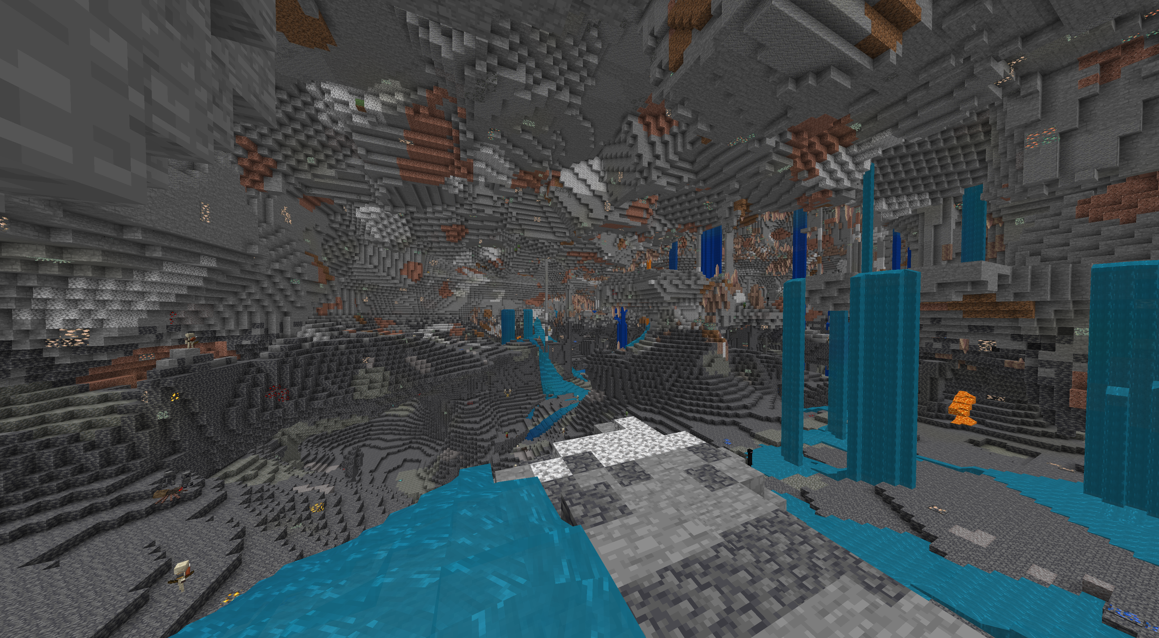 Minecraft landscape with underground caves, mountains, and waterfalls from seed 844424996132328