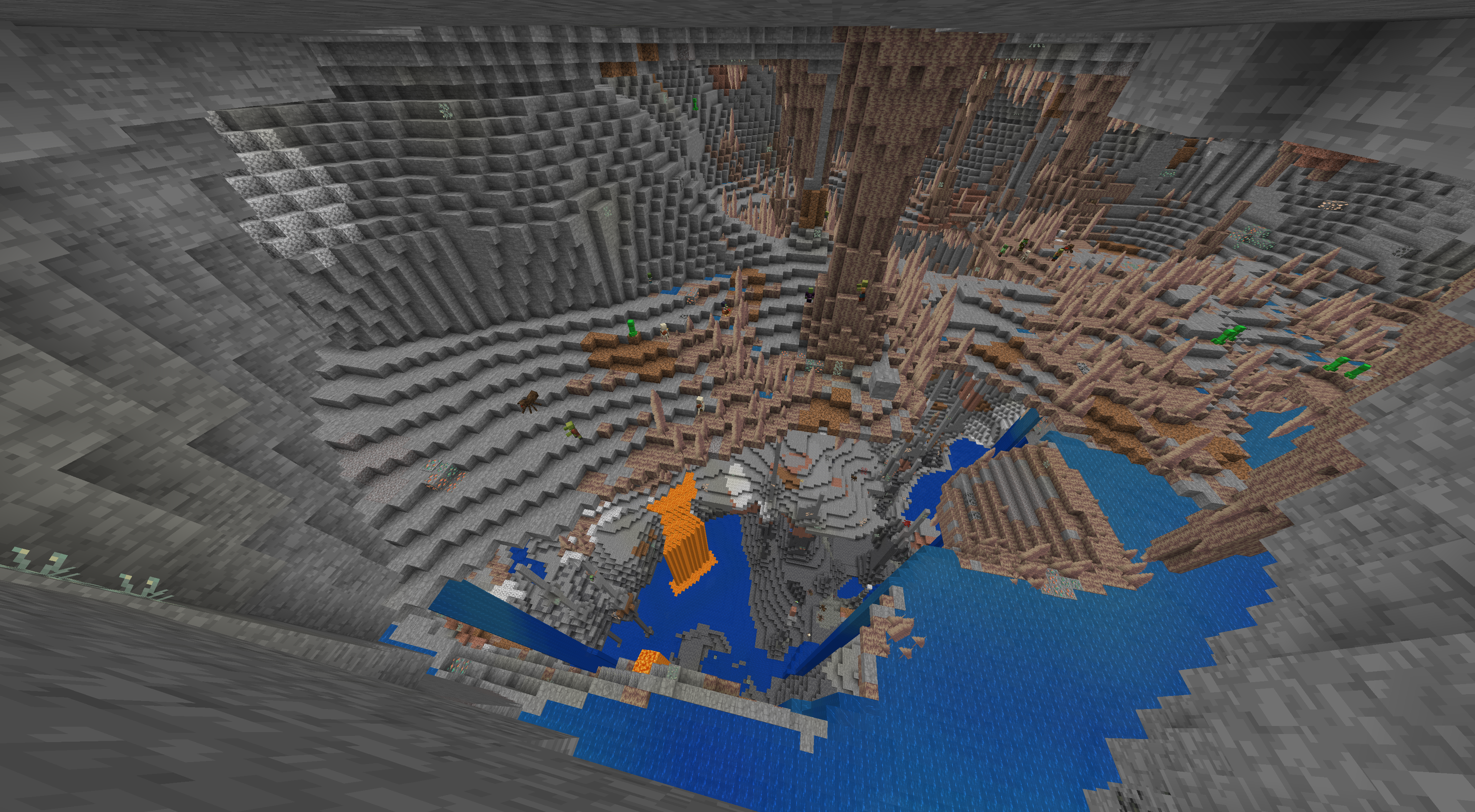 Minecraft landscape with underground caves, mountains, and waterfalls from seed 844424996132328