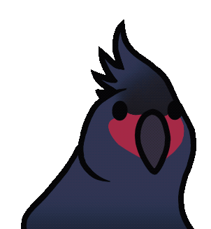 Party Parrots in a kawaii chibi style, featuring a project list of various exotic bird species on a black background.