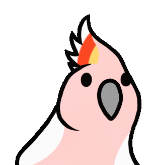 Party Parrots in a kawaii chibi style, featuring a project list of various exotic bird species on a black background.