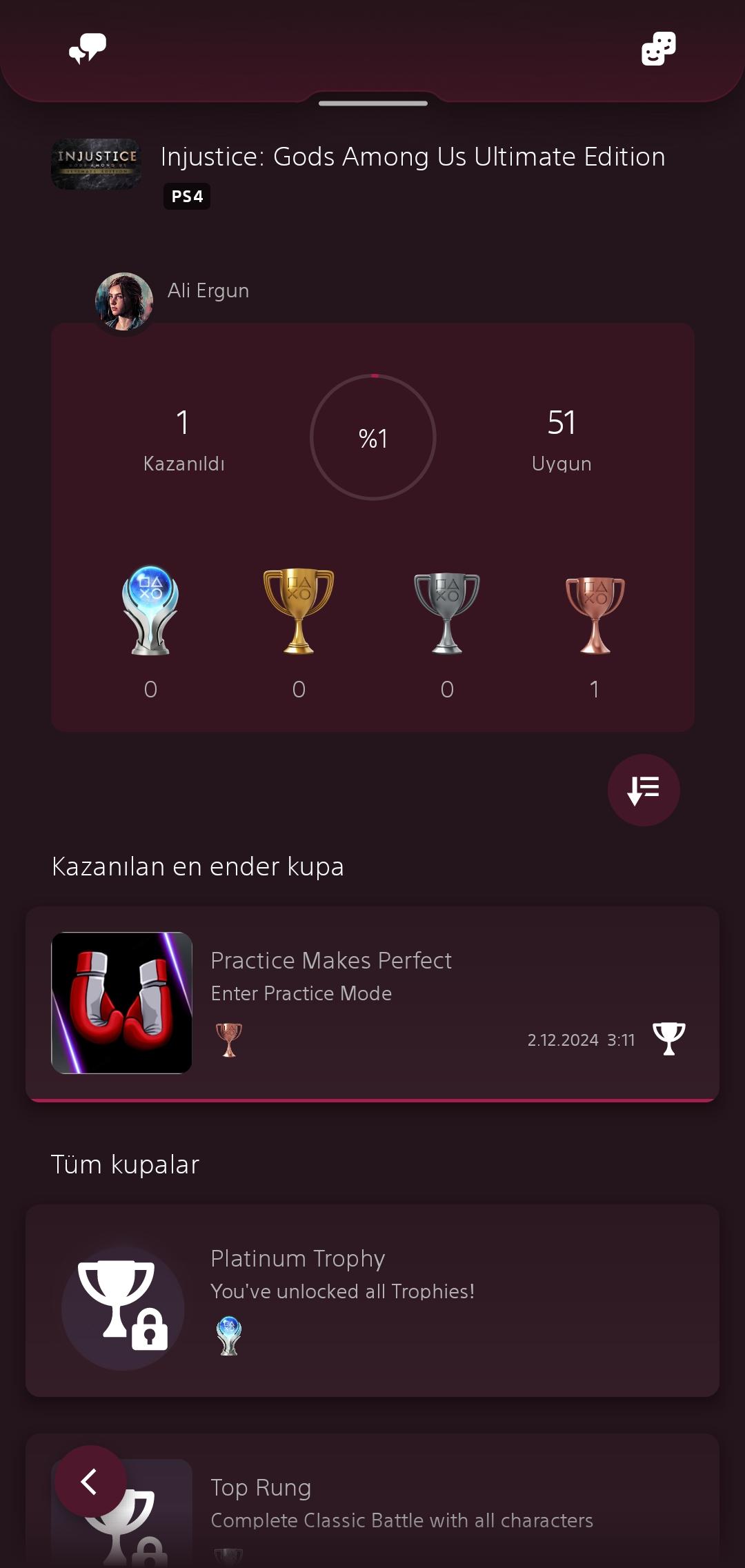 Gaming profile for Injustice: Gods Among Us Ultimate Edition on PS4 showing Platinum Trophy progress for Ali Ergun.