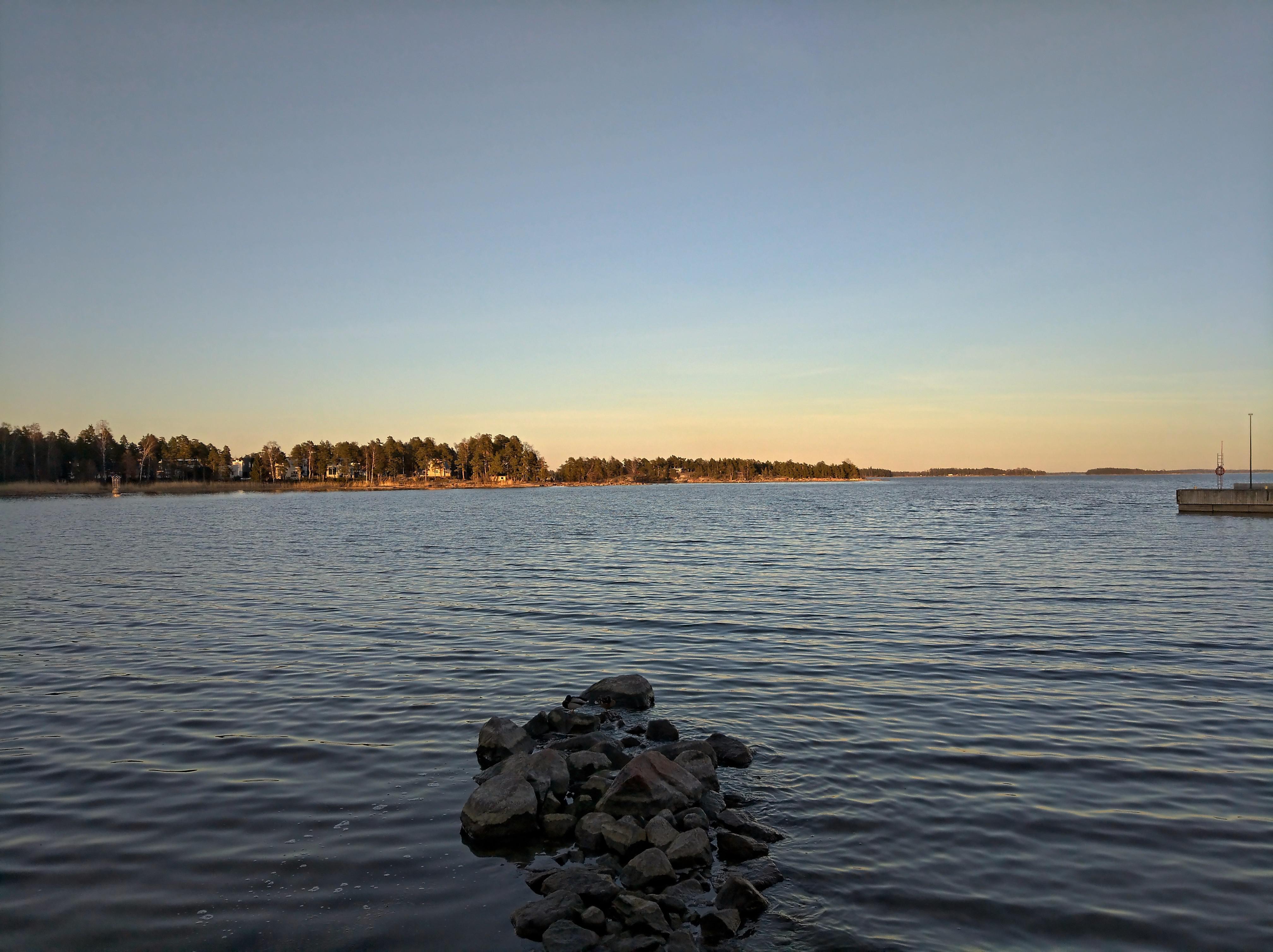 Spring evening by the sea in Southern Finland with a large boulder on a sandy shore and pine tree branches