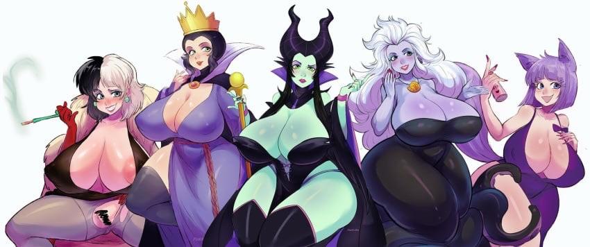 Hentai anime art of busty, curvy fandom girls with colorful skin in mind control and breeding poses