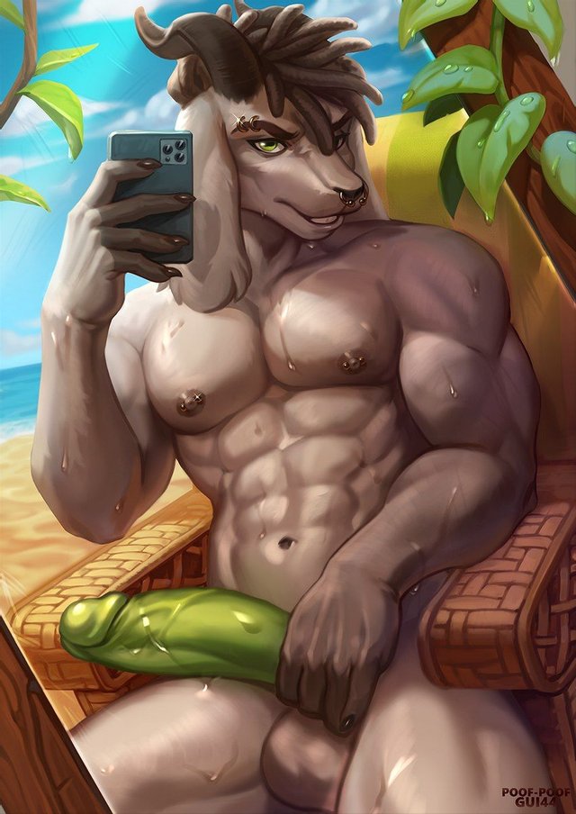 Muscular anthropomorphic dragon man in a dark green tank top holding a mug and exposing his huge cock