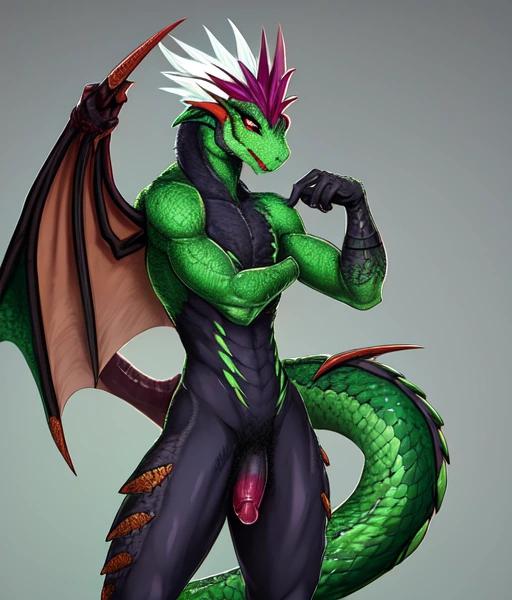 Muscular anthropomorphic dragon man in a dark green tank top holding a mug and exposing his huge cock