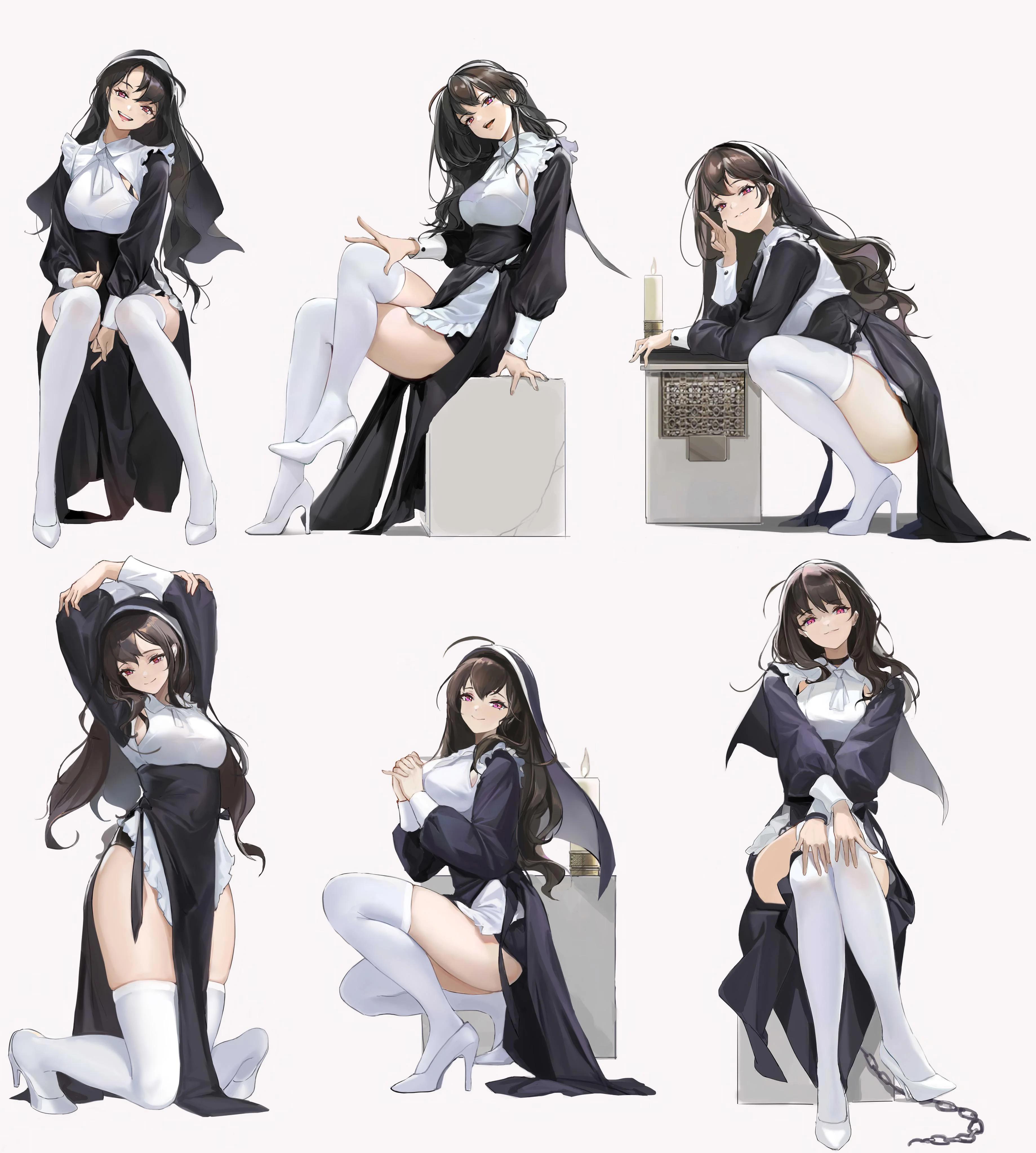 Anime futanari demon girl and nuns in revealing outfits, featuring busty figures and nipple piercings.