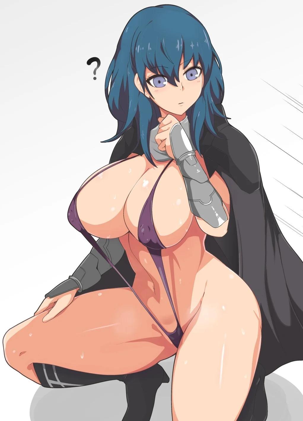 Byleth from Fire Emblem with blue-green hair in bikini, lingerie, and nude poses
