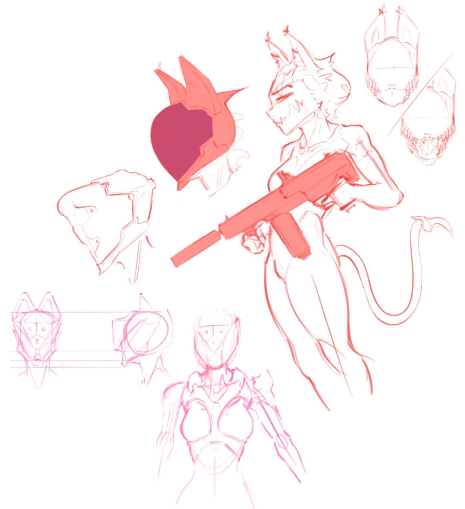 Monster girl and anime girl character designs featuring a pink haired woman in a leotard and a grey skinned curvy girl