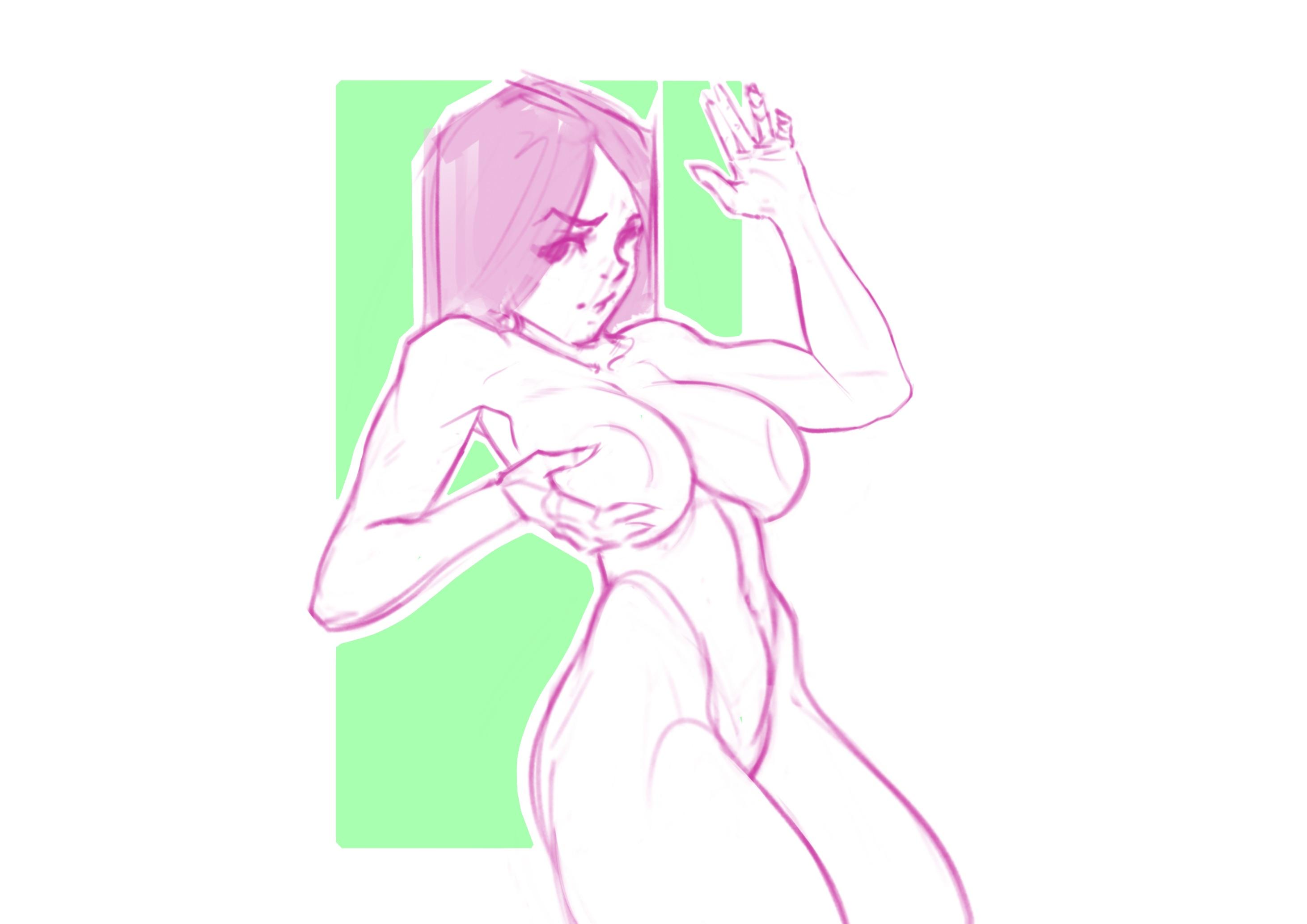 Monster girl and anime girl character designs featuring a pink haired woman in a leotard and a grey skinned curvy girl