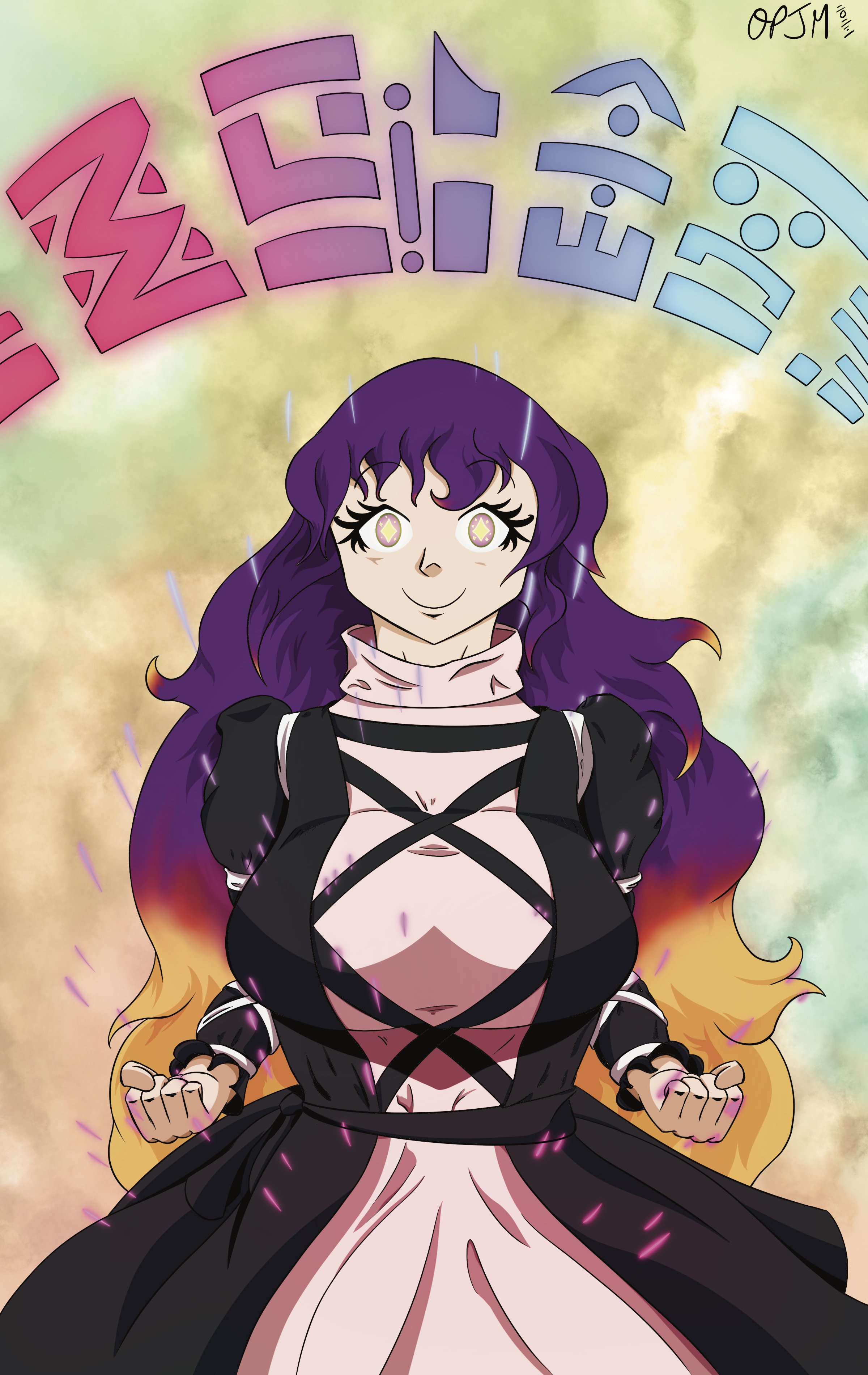 Byakuren Hijiri with long purple wavy hair in a black and white dress with magical symbols