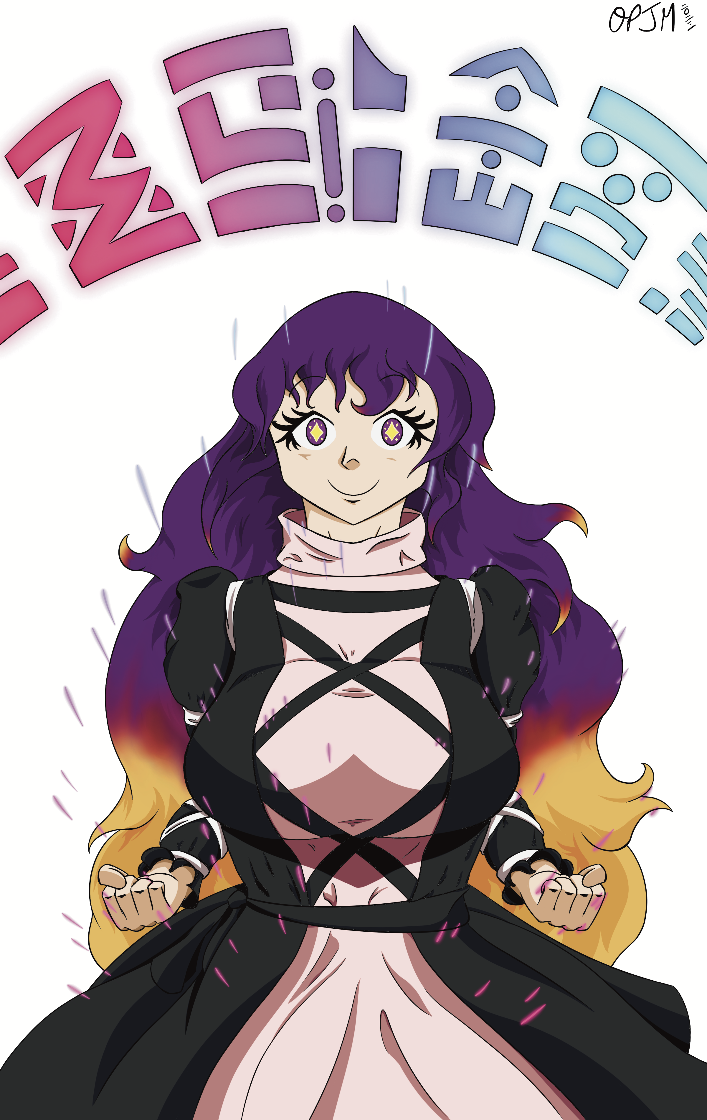 Byakuren Hijiri with long purple wavy hair in a black and white dress with magical symbols