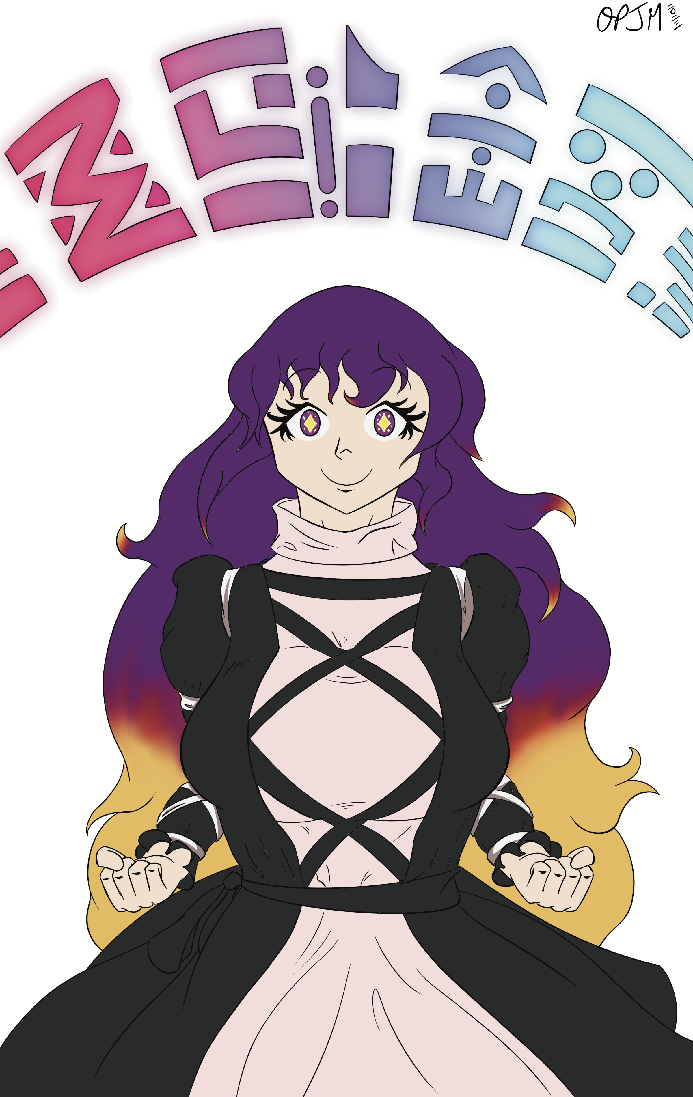 Byakuren Hijiri with long purple wavy hair in a black and white dress with magical symbols