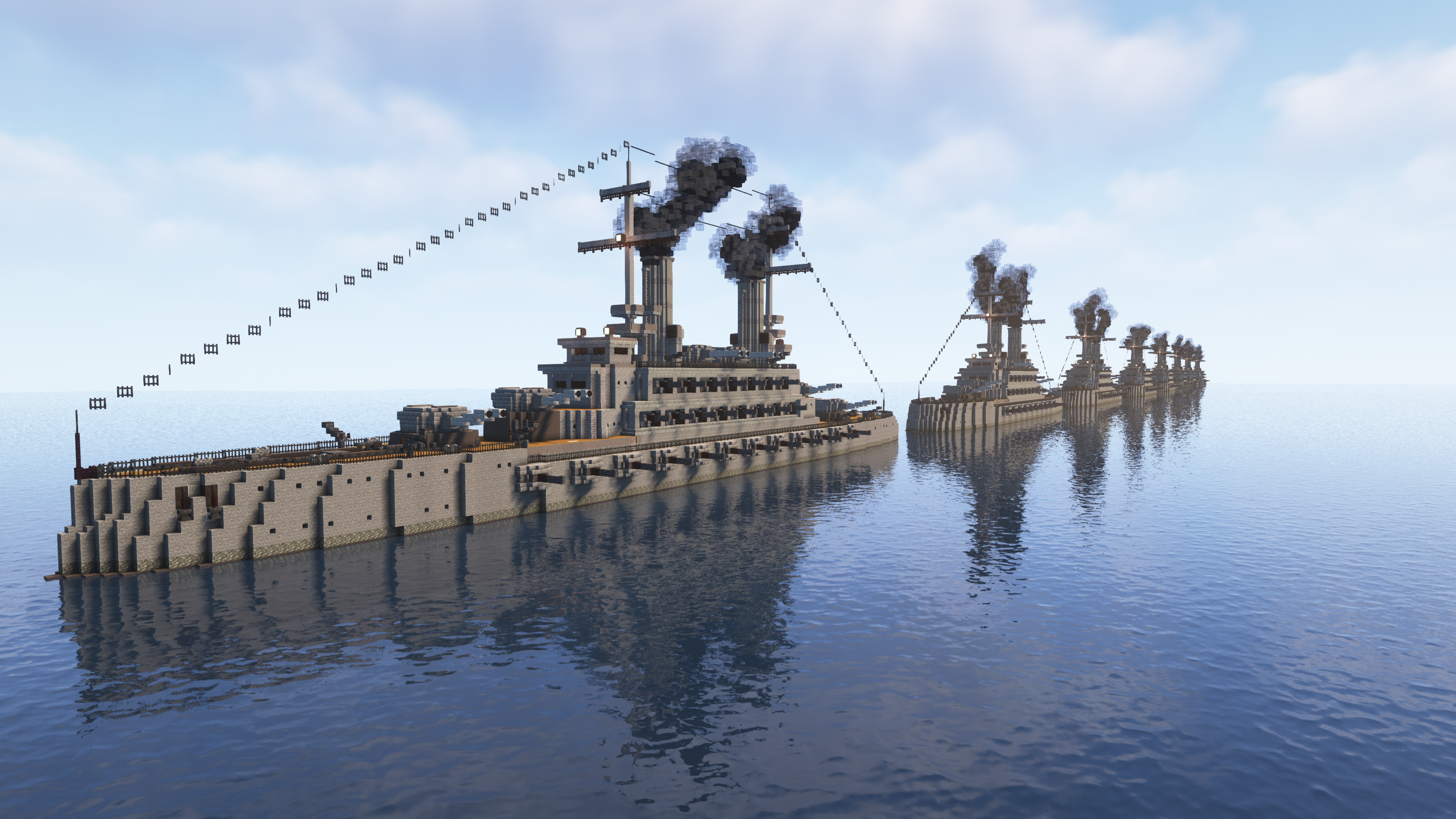 Minecraft mega builds of the strongest and biggest battleships from The Rumbling Project in a digital ocean