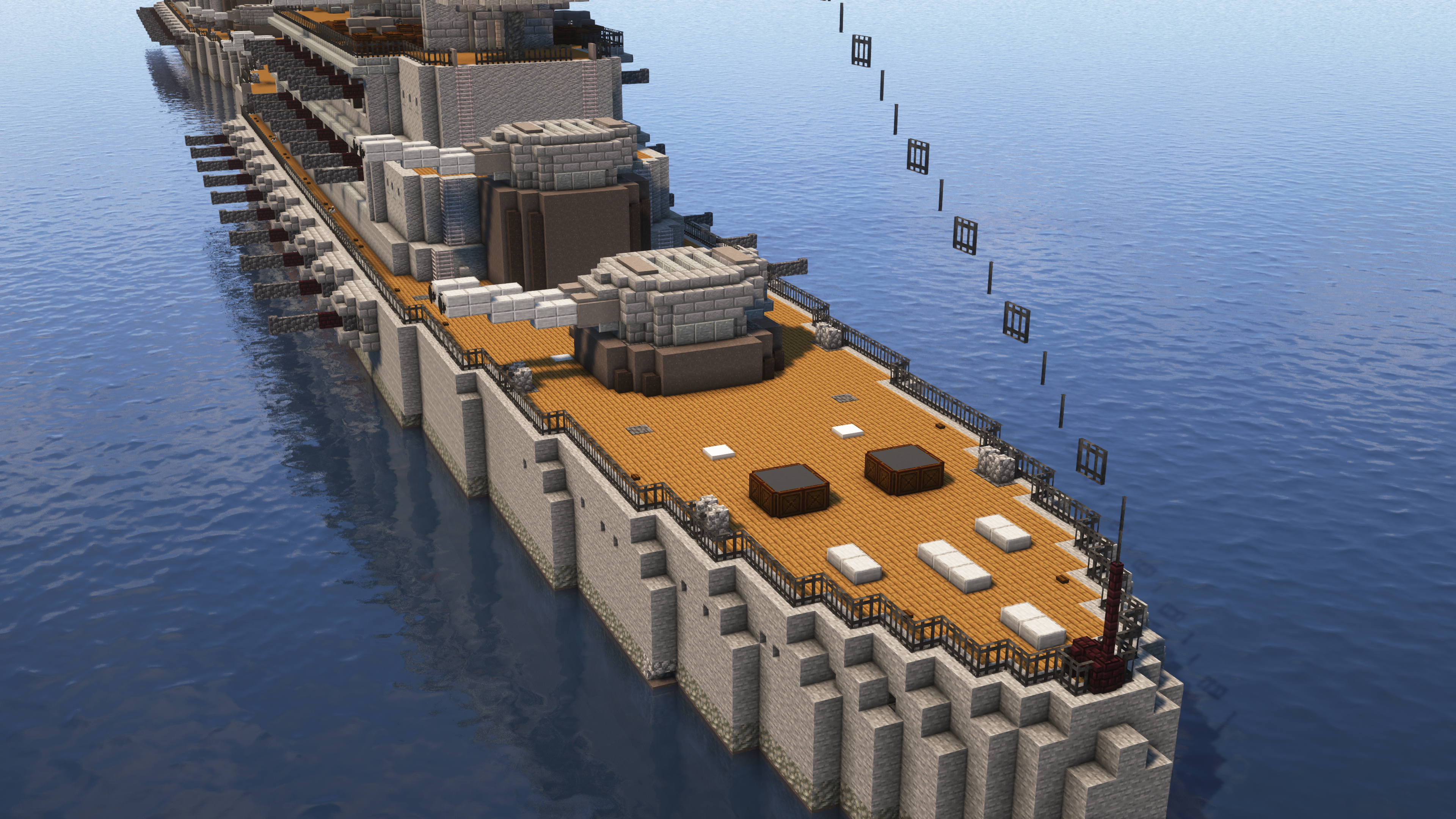 Minecraft mega builds of the strongest and biggest battleships from The Rumbling Project in a digital ocean