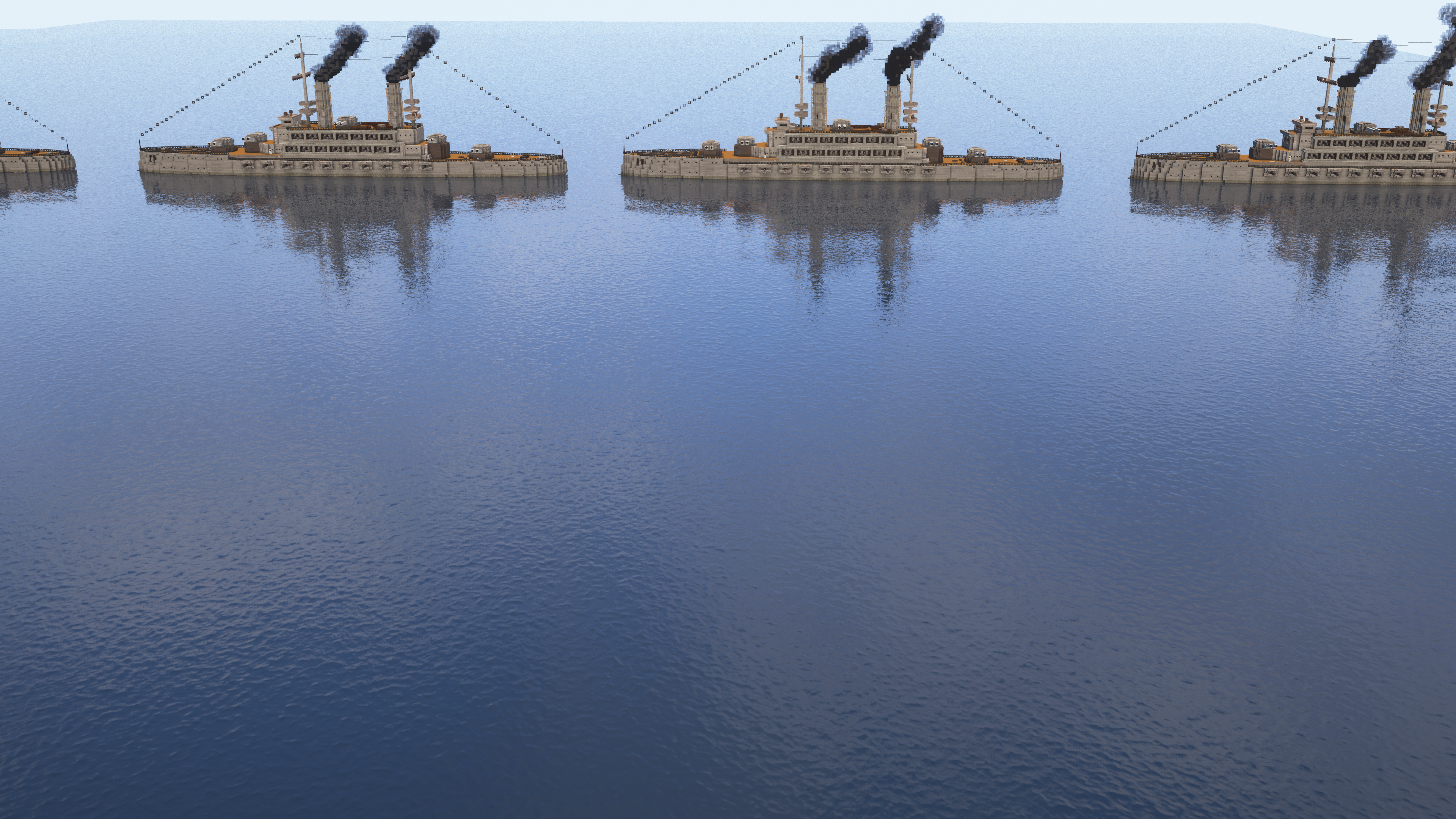 Minecraft mega builds of the strongest and biggest battleships from The Rumbling Project in a digital ocean