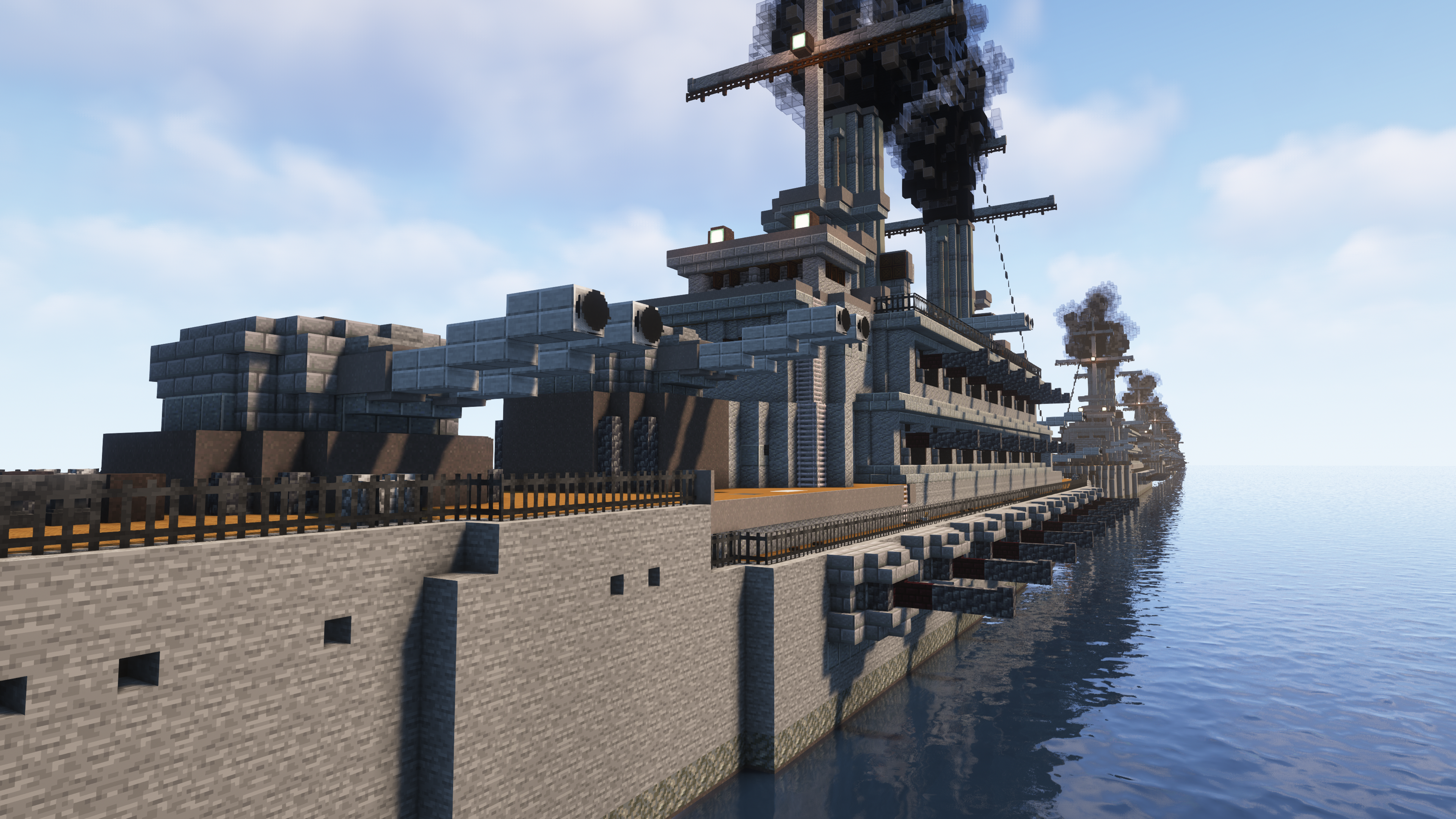Minecraft mega builds of the strongest and biggest battleships from The Rumbling Project in a digital ocean