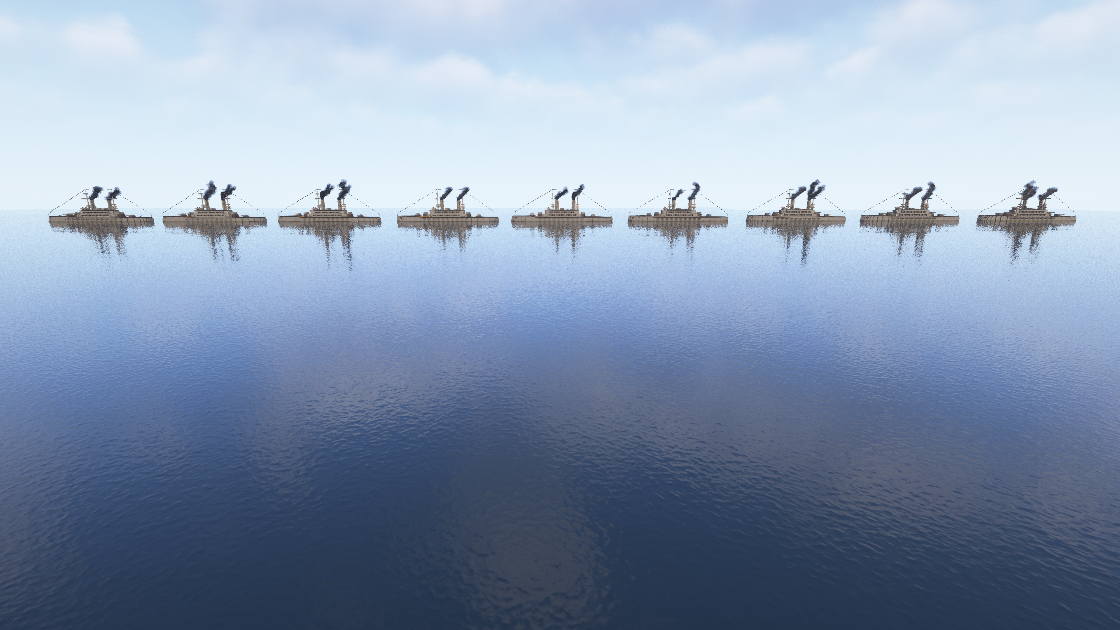 Minecraft mega builds of the strongest and biggest battleships from The Rumbling Project in a digital ocean