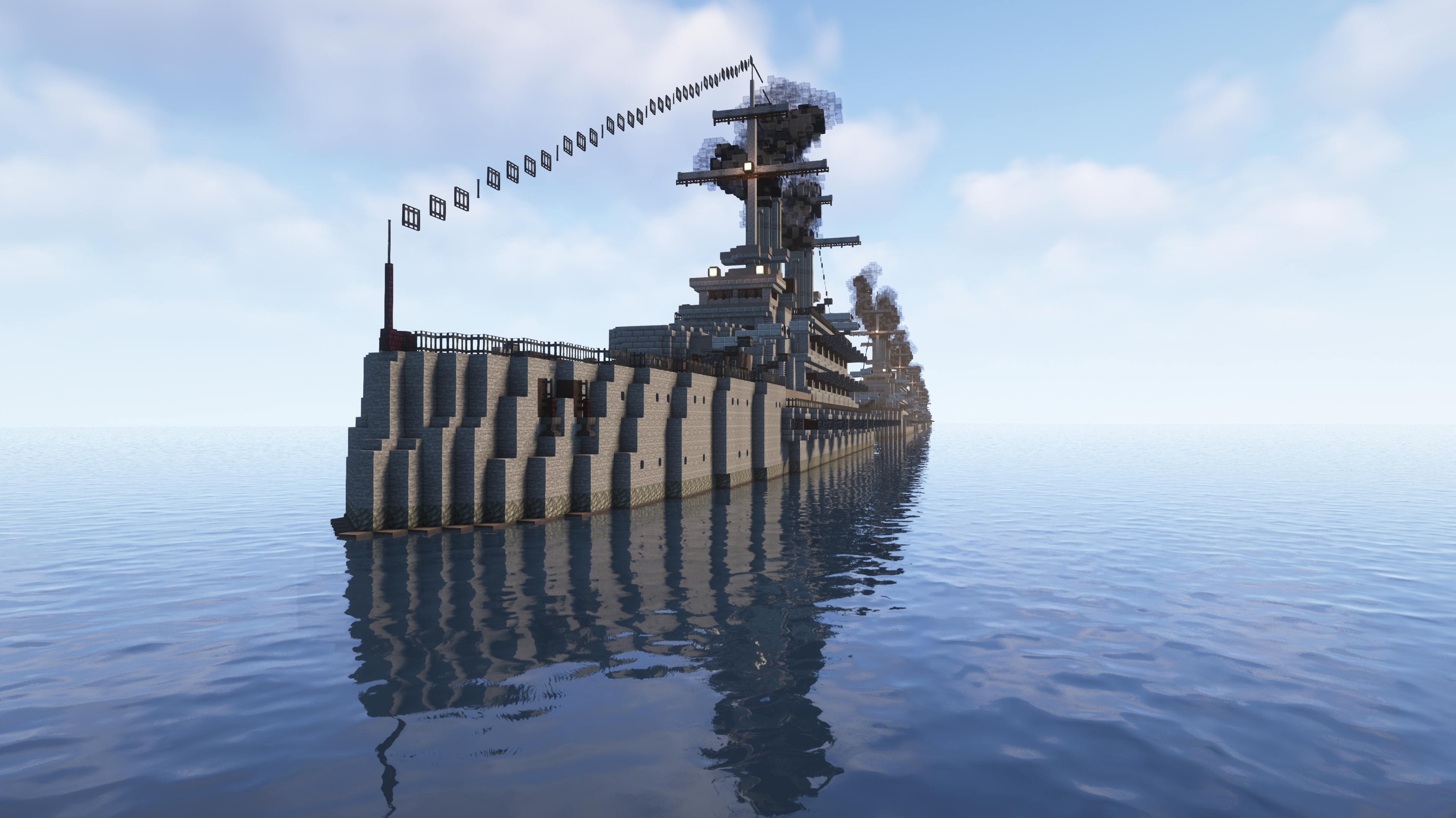Minecraft mega builds of the strongest and biggest battleships from The Rumbling Project in a digital ocean