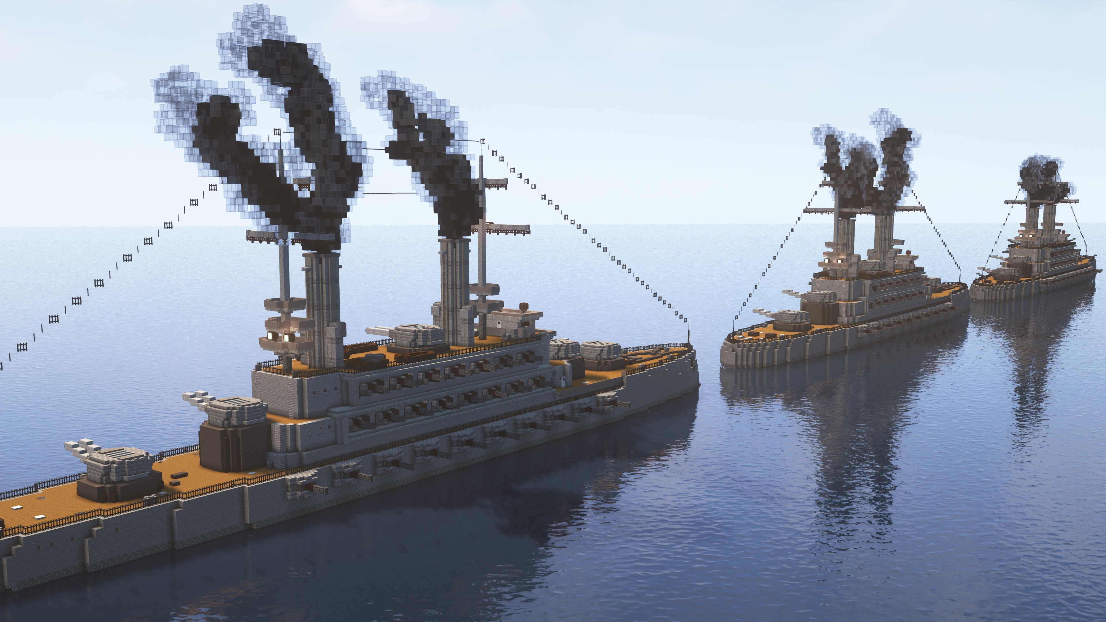 Minecraft mega builds of the strongest and biggest battleships from The Rumbling Project in a digital ocean
