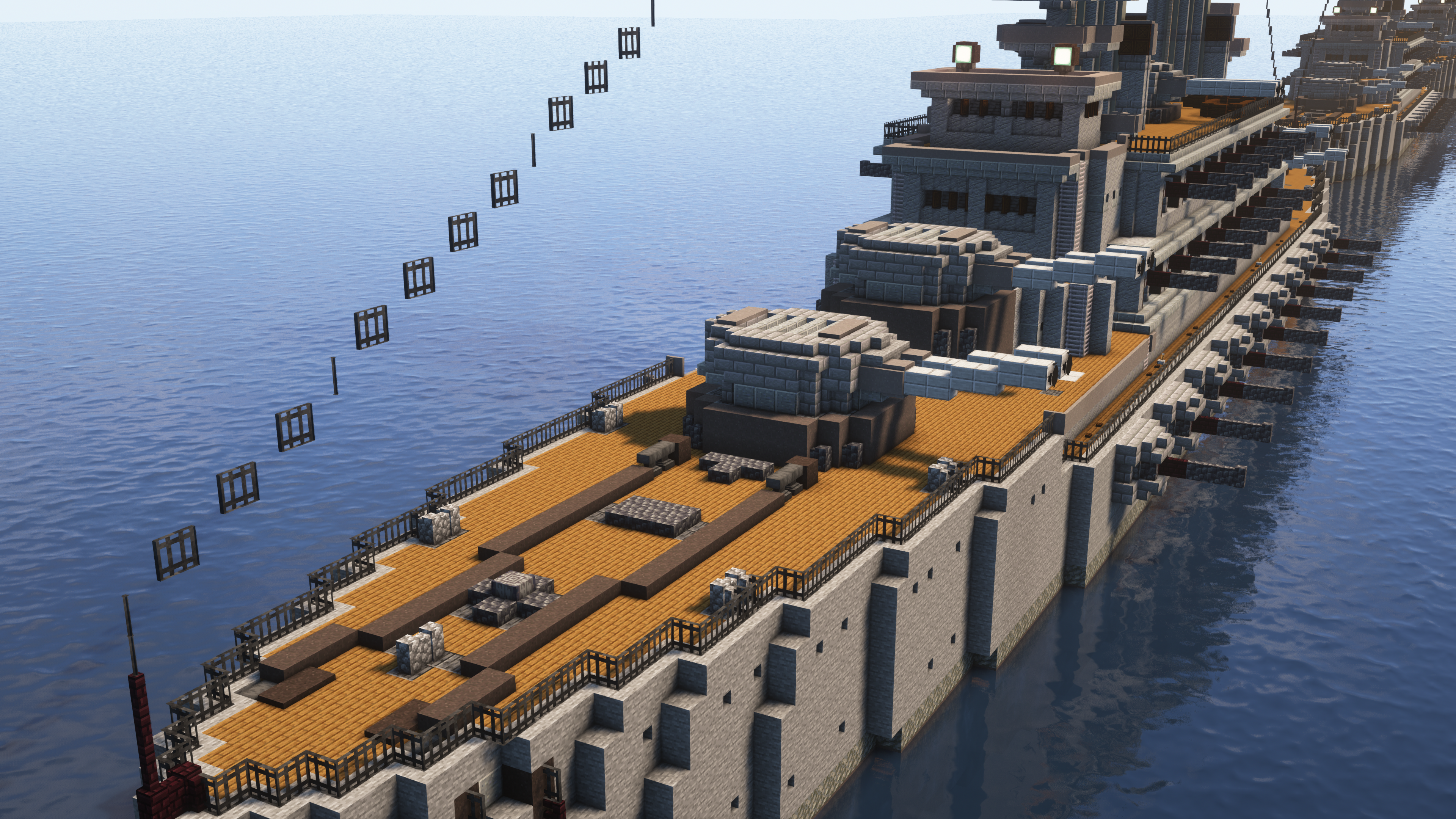 Minecraft mega builds of the strongest and biggest battleships from The Rumbling Project in a digital ocean