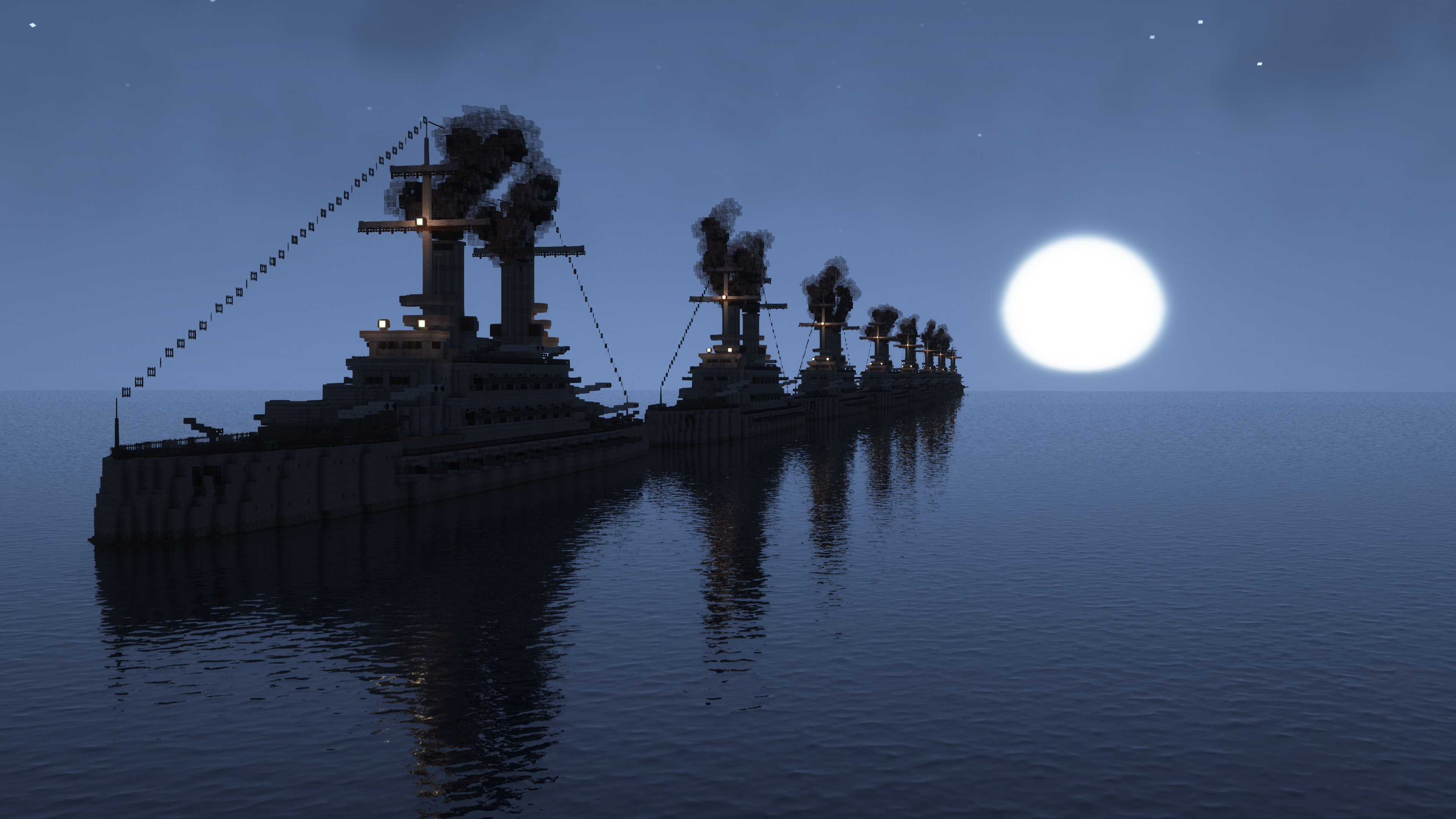 Minecraft mega builds of the strongest and biggest battleships from The Rumbling Project in a digital ocean
