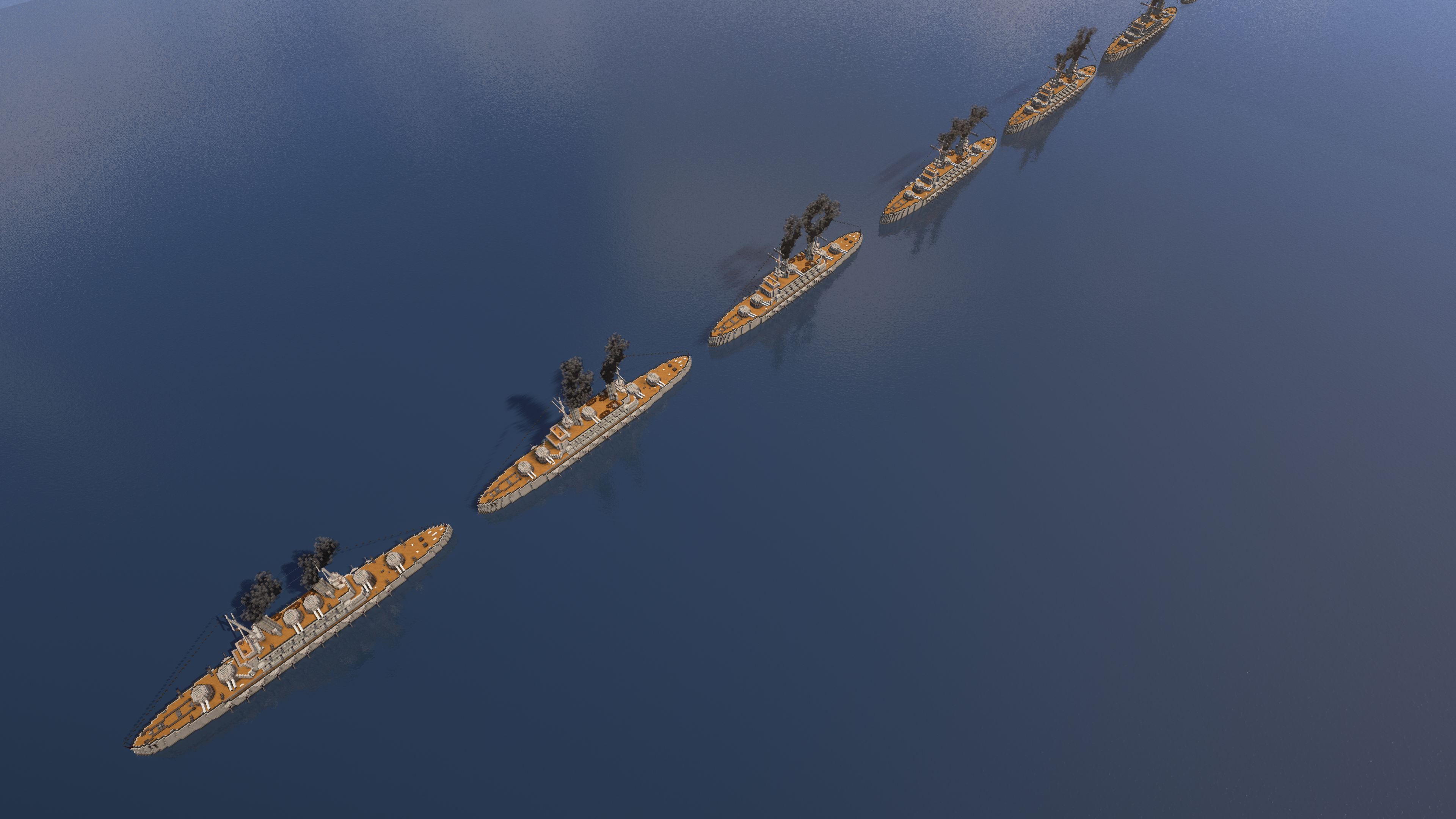 Minecraft mega builds of the strongest and biggest battleships from The Rumbling Project in a digital ocean