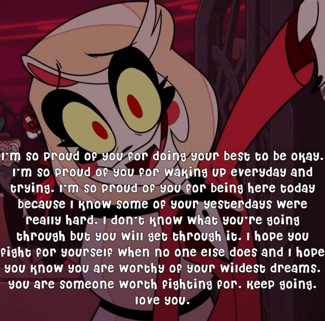 Alastor from Hazbin Hotel in wholesome fan art and memes with supportive messages and heart stickers.