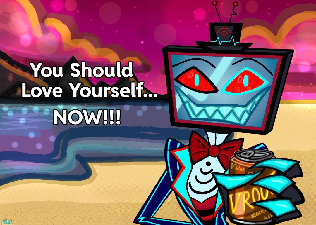 Alastor from Hazbin Hotel in wholesome fan art and memes with supportive messages and heart stickers.