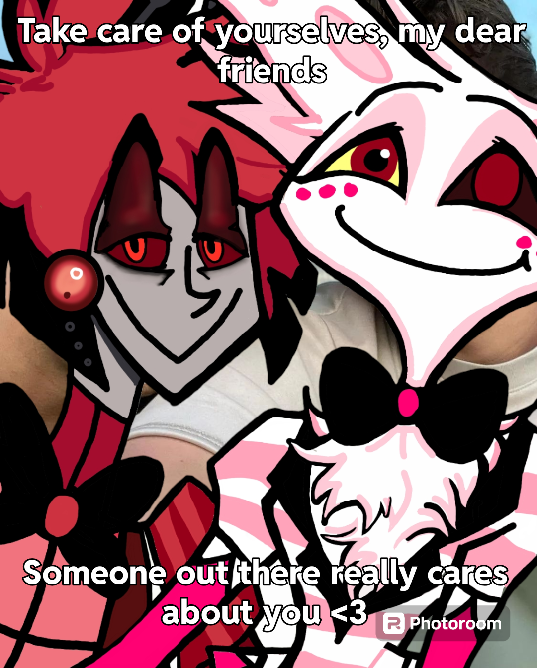 Alastor from Hazbin Hotel in wholesome fan art and memes with supportive messages and heart stickers.