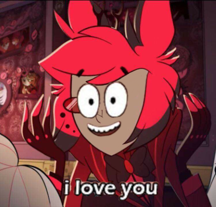 Alastor from Hazbin Hotel in wholesome fan art and memes with supportive messages and heart stickers.