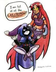 RaeStar fan art of Starfire with orange skin and red hair and Raven with purple hair in a purple cloak.