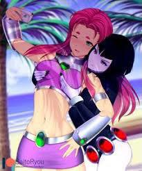 RaeStar fan art of Starfire with orange skin and red hair and Raven with purple hair in a purple cloak.