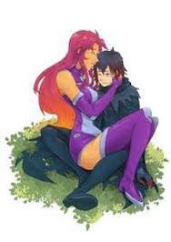 RaeStar fan art of Starfire with orange skin and red hair and Raven with purple hair in a purple cloak.